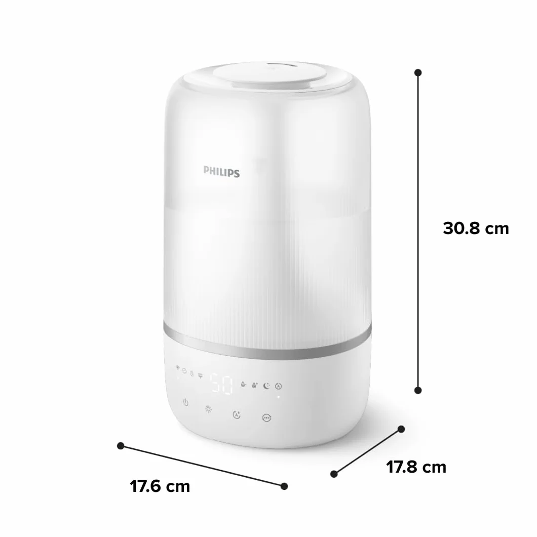 Philips Inteligentny nawilżacz, kompaktowy i mocny, z mgiełką Sky High, czas pracy do 32 godzin, aromaterapia, cichy, z ustawieniem snu i lampką nocną, do pomieszczeń o powierzchni do 38m² (HU1509/00)
