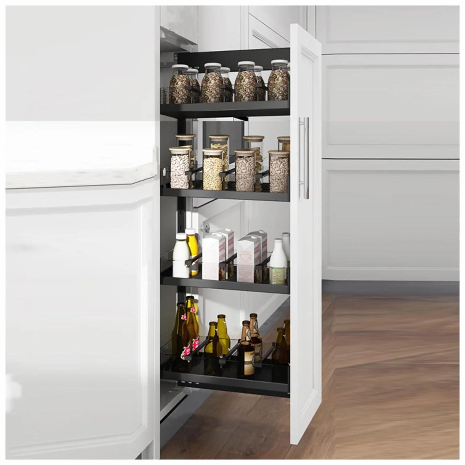 Wzmocniony, wysuwany organizer z szufladami szafki z cichymi szynami tłumiącymi do wąskich, wysokich szczelin w kuchni w spiżarni(210x485x4tier)