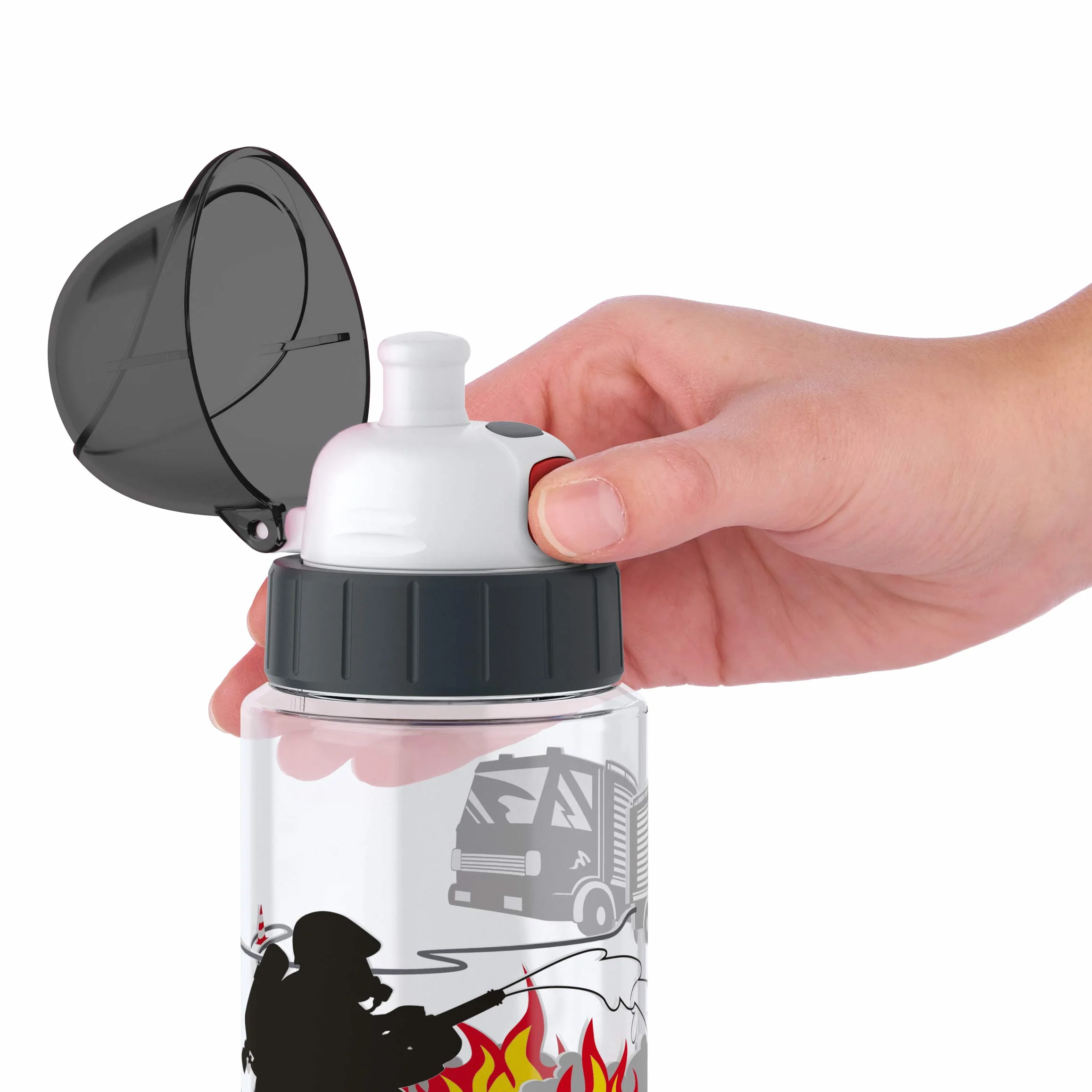 Emsa 518305 Drink2Go Tritan butelka na napoje, 0,5 litra, zamknięcie dla dzieci, 100% szczelności, szczelna, nadaje się do mycia w zmywarce, nie zawiera BPA, Fireman