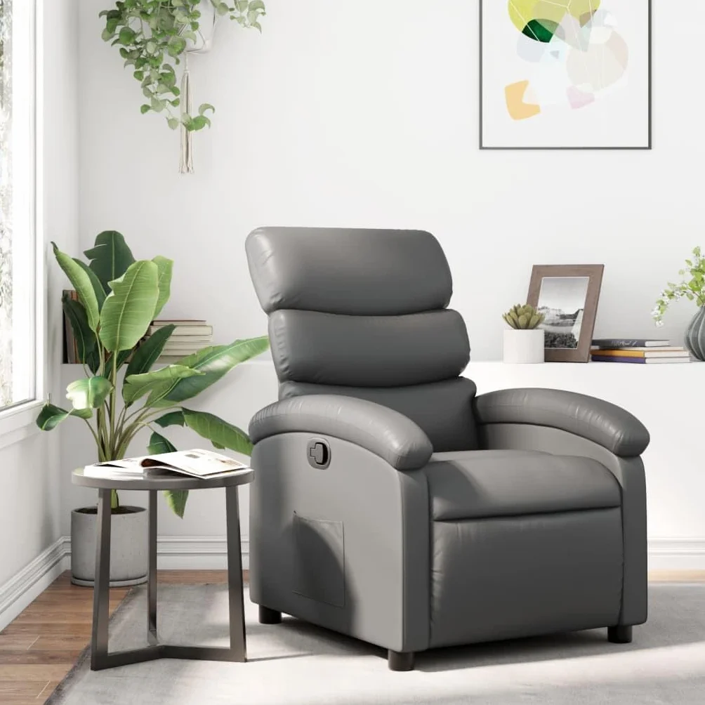Fotel relaksacyjny, szary, sztuczna skóra z ręczną funkcją leżenia, stabilna rama metalowa, szerokie podłokietniki, kieszeń boczna i ergonomiczny komfort do salonu, biura i kącika do czytania