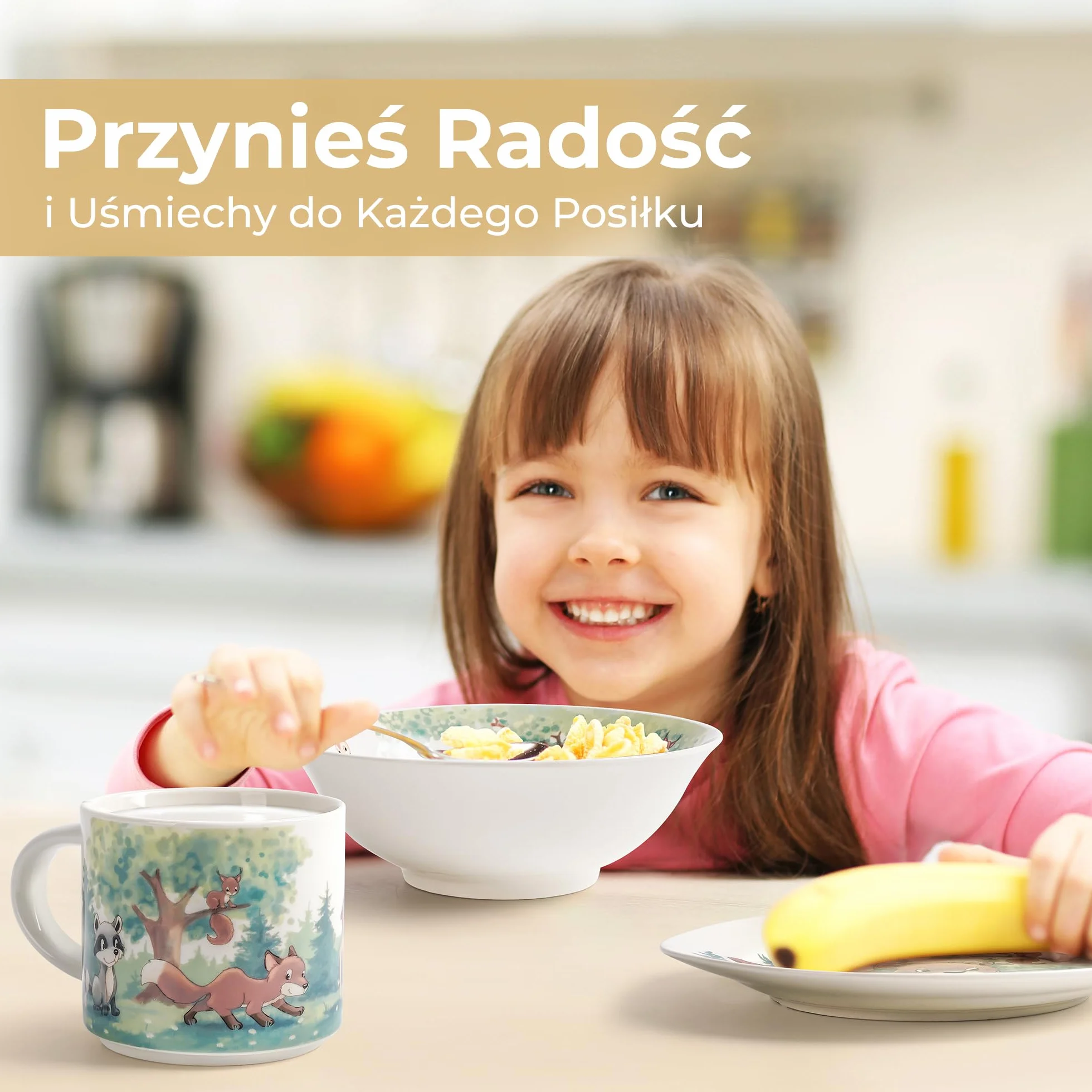 MIAMIO - Porzellan Zestaw Naczyń dla Dzieci - Talerz, Miska i Kubek (Las)