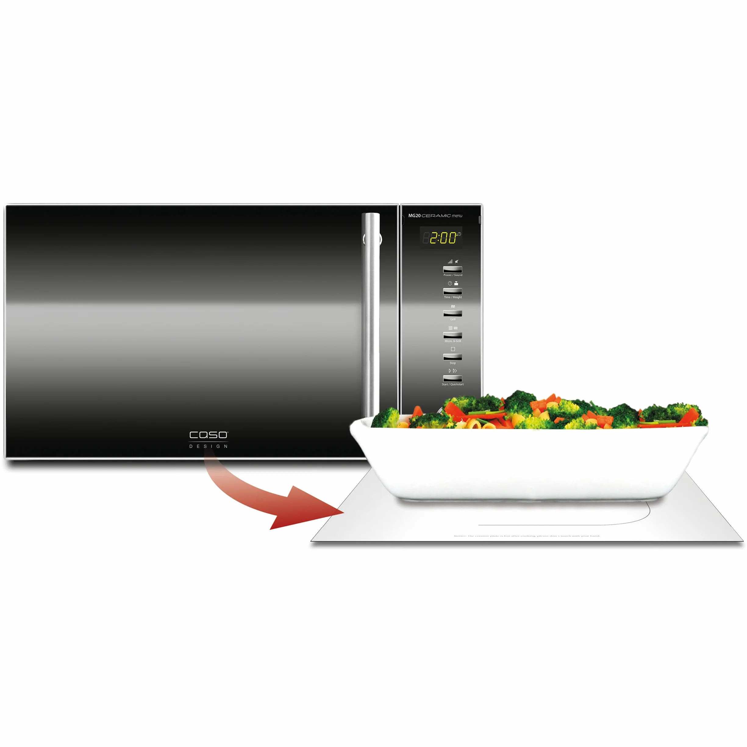 CASO MG20 Ceramic menu kuchenka mikrofalowa 2 w 1 z grillem, ceramiczny spód i ruszt do grillowania na 2 poziomach, 900 W, 1000 W, 20 l, stal nierdzewna, lustrzane