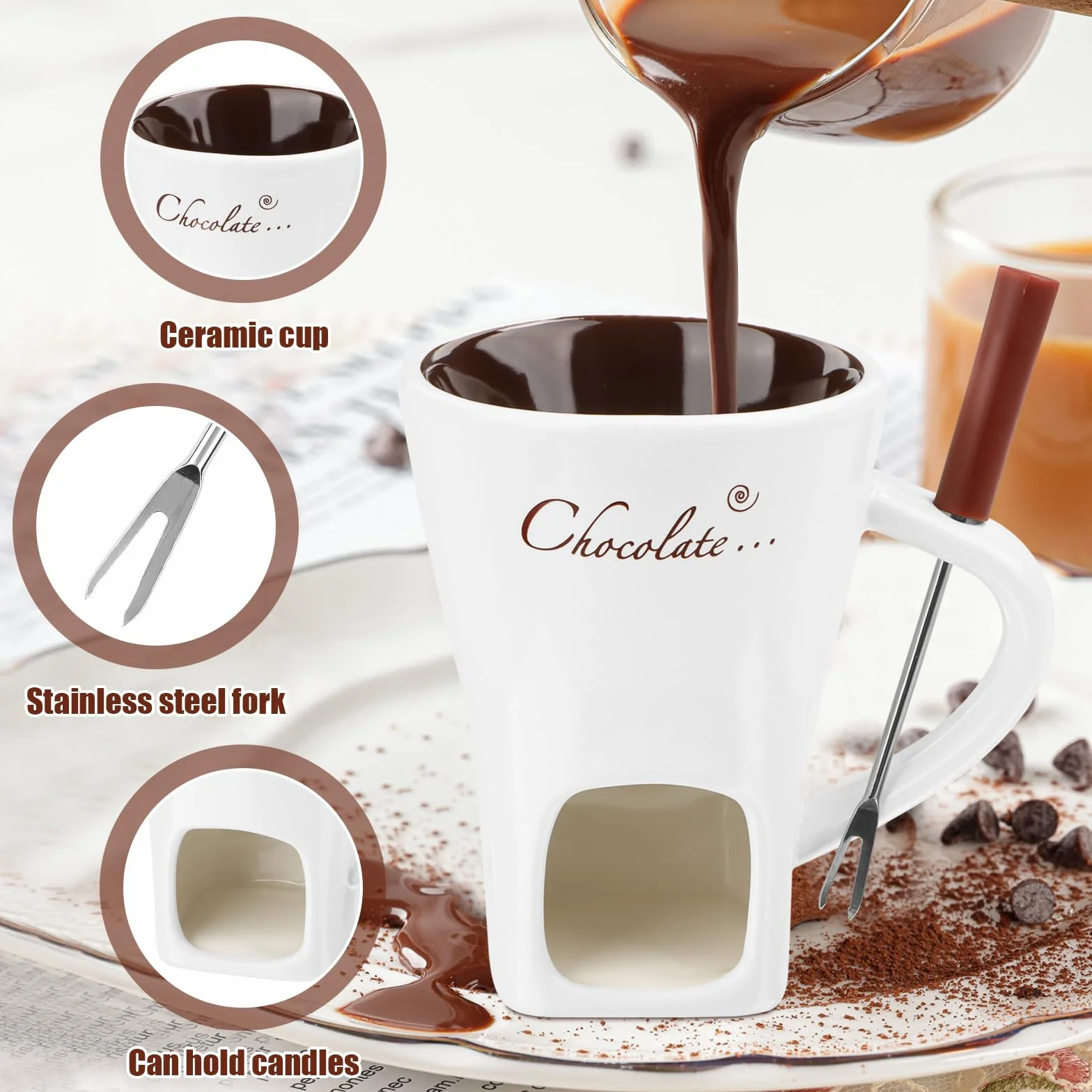 Wvu & Wvo 200 ml ceramiczny zestaw do fondue czekoladowego, kubek do topienia czekolady, fondue, widelec i podgrzewacz, do sera, czekolady, masła, karmelu