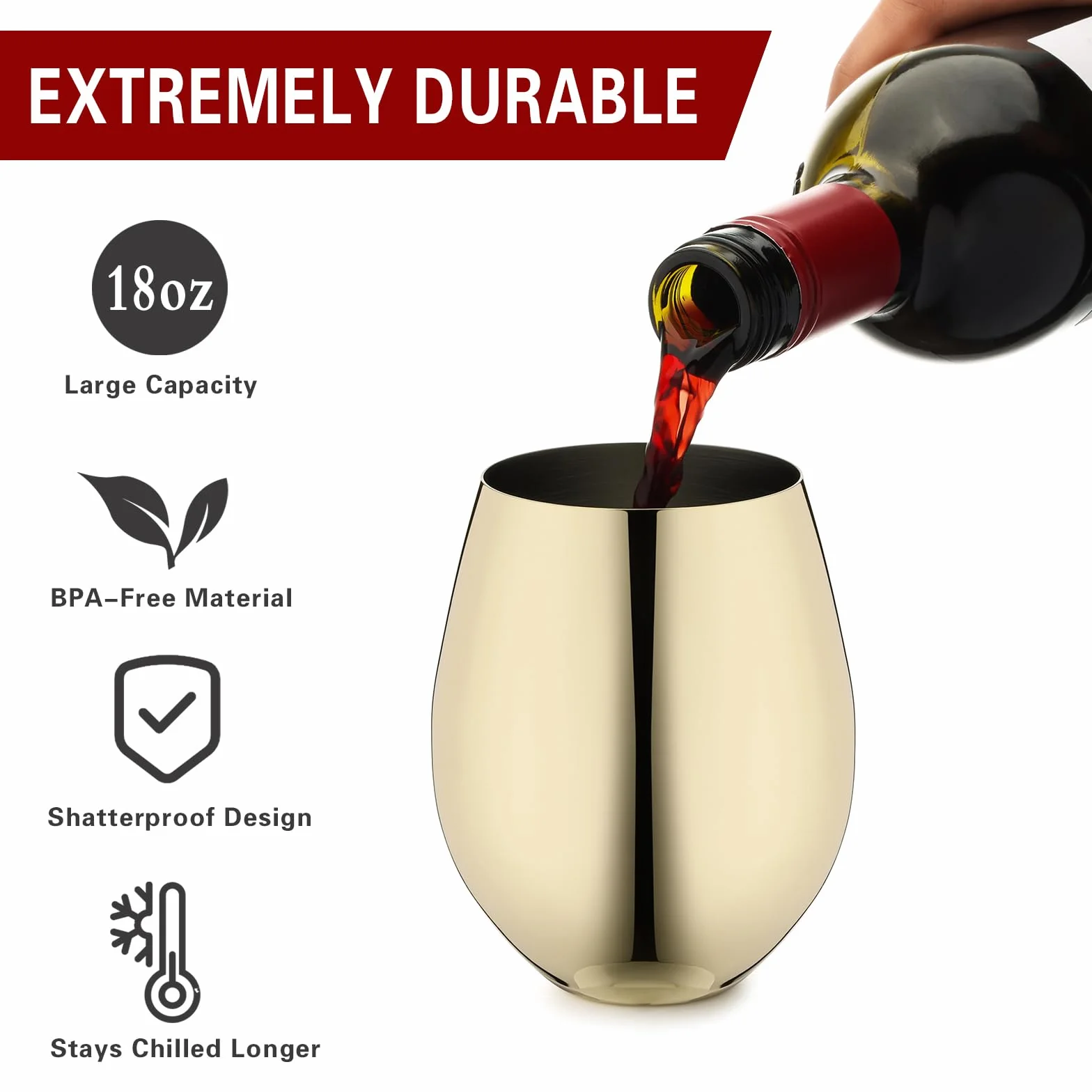 WOTOR Zestaw 4 kieliszków do wina ze stali nierdzewnej bez nóżki, 540 ml Niezniszczalny metalowy kieliszek do wina na zewnątrz, w podróż, na kemping, na basen (złoty)