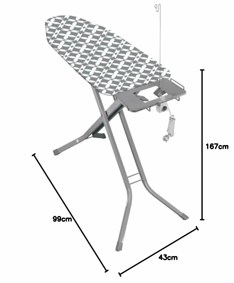 Advanced PRO deska do prasowania z przedłużeniem gniazdka, uchwytem na kabel, półką na żelazko, antypoślizgowa – regulacja wysokości do 99 cm, składana, powierzchnia prasowania 120 x 42 cm