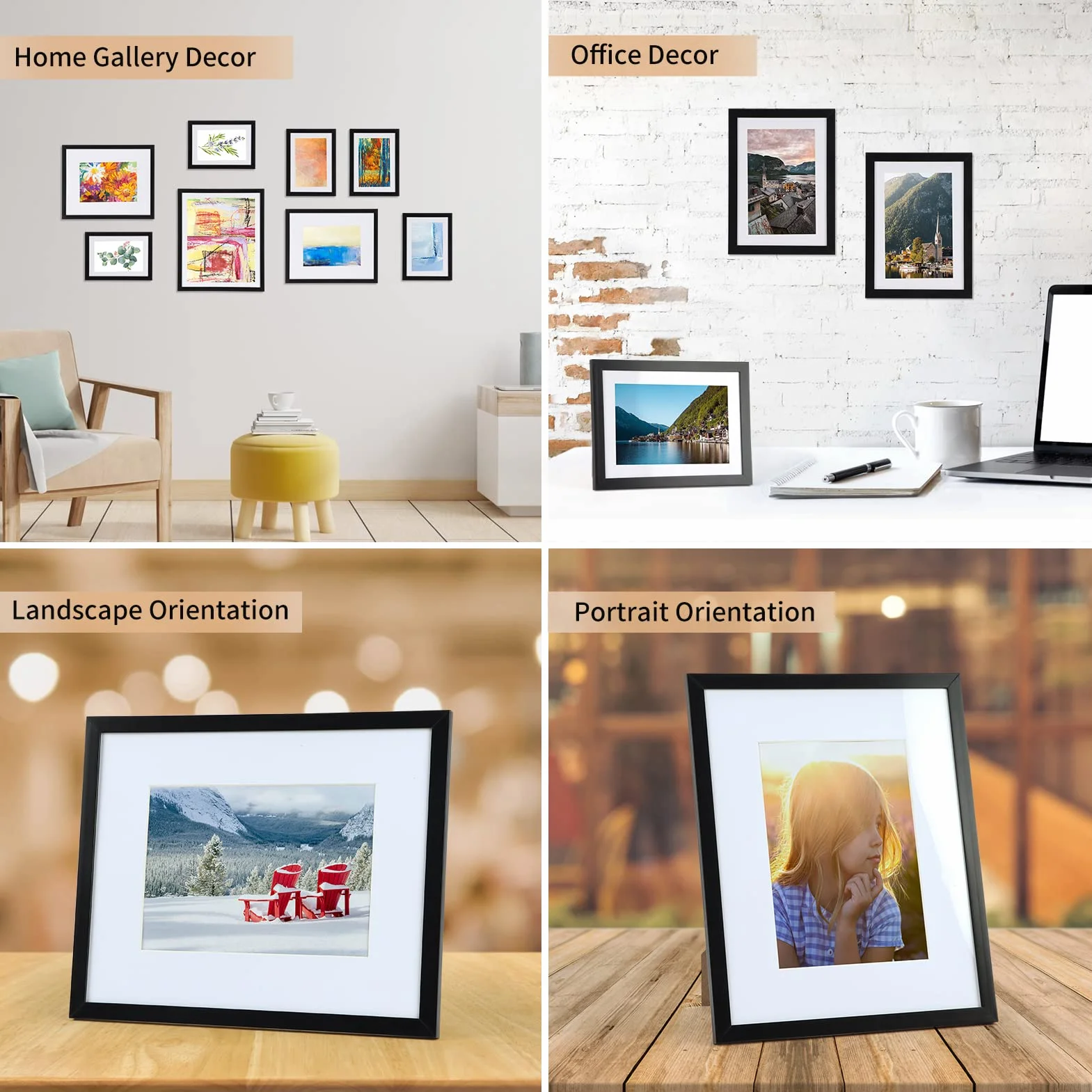 Giftgarden Ramka na zdjęcia 11 x 17, 4 szt., matowe ramki 18 x 17 na zdjęcia z matami, plakat 11 x 17 bez maty do zawieszenia na ścianie, czarna
