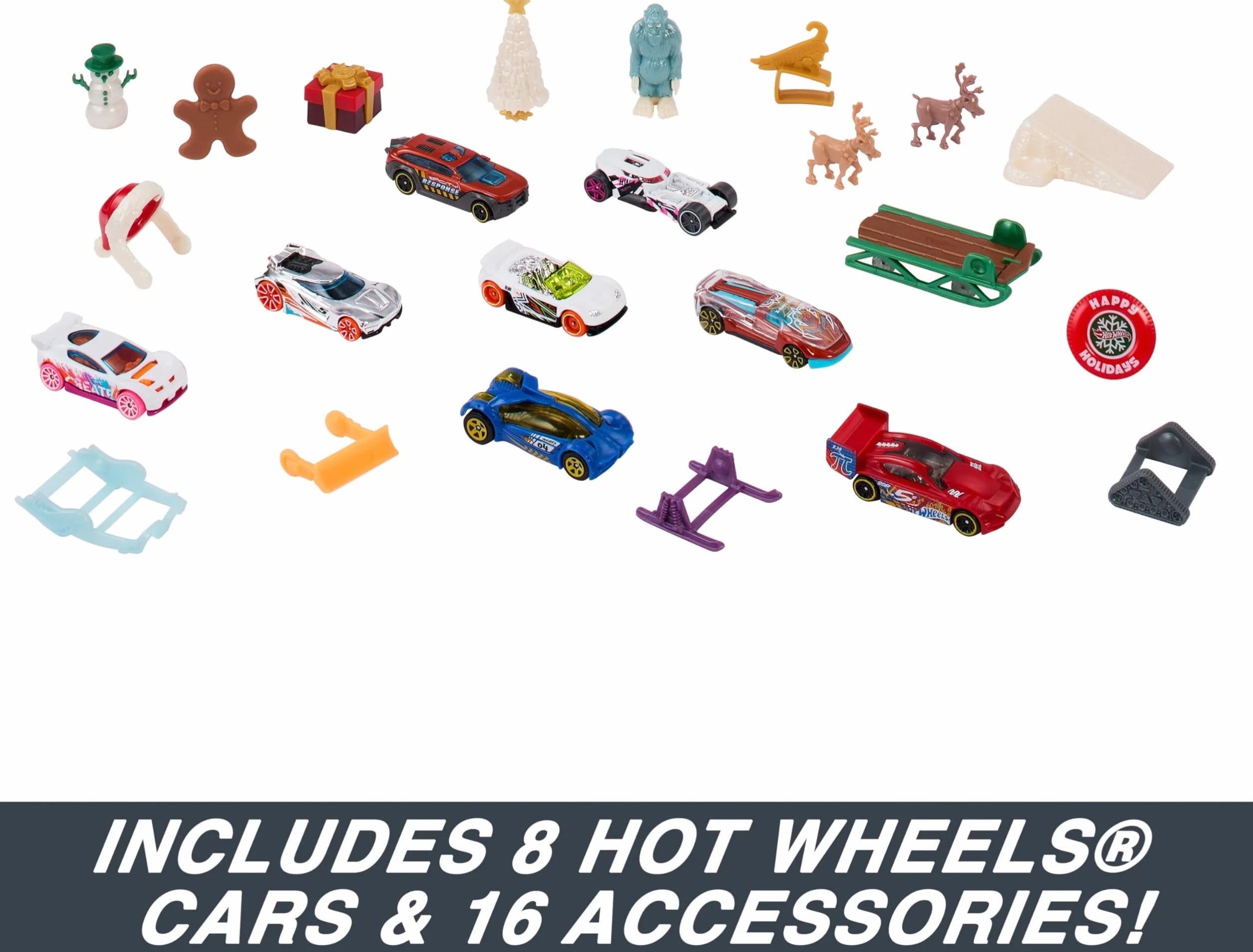 Hot Wheels Kalendarz adwentowy, 8 pojazdów Hot Wheels i 16 zimowych akcesoriów, 24 przegródki i mata do zabawy, dla dzieci i fanów Hot Wheels, HKL74