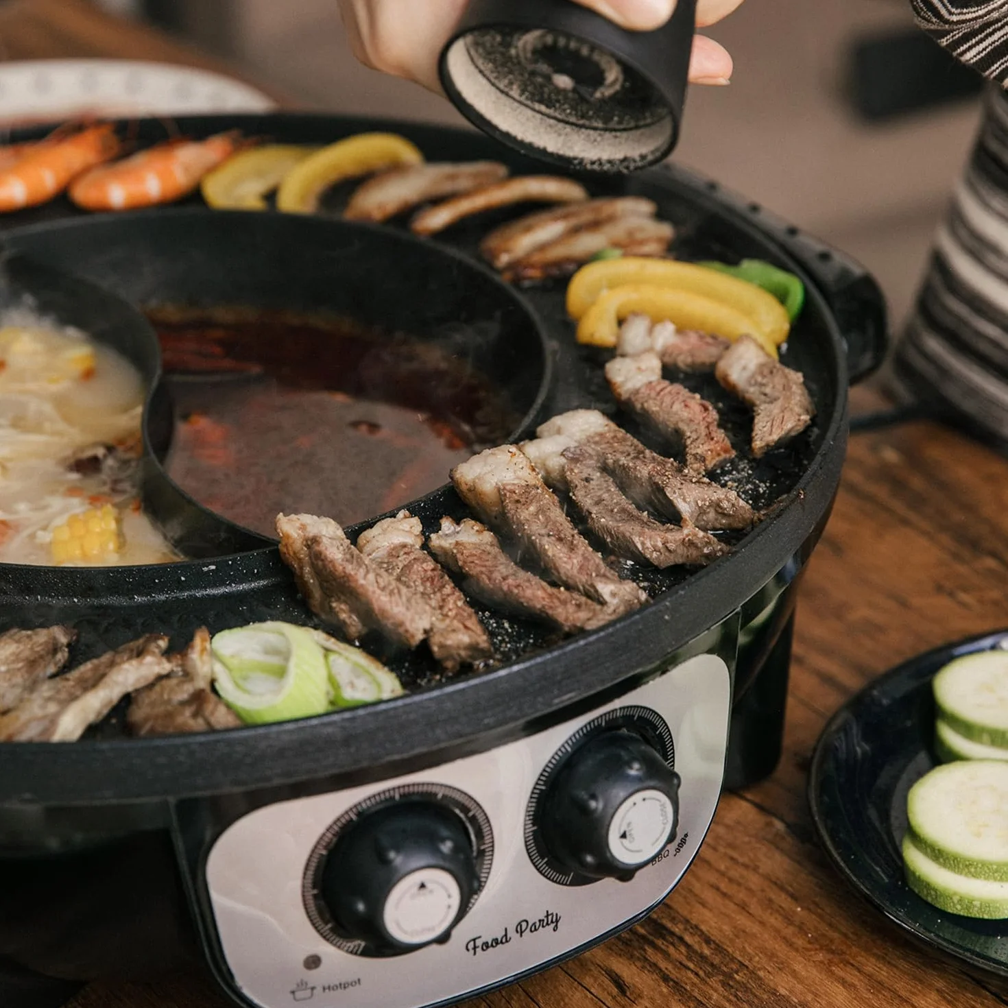 Food Party Hot Pot i grill elektryczny hotpot grill elektryczny 2 w 1, 220 V, 2200 W, do użytku wewnątrz i na zewnątrz, 42 cm, do fondue, raclette, dla 8 osób