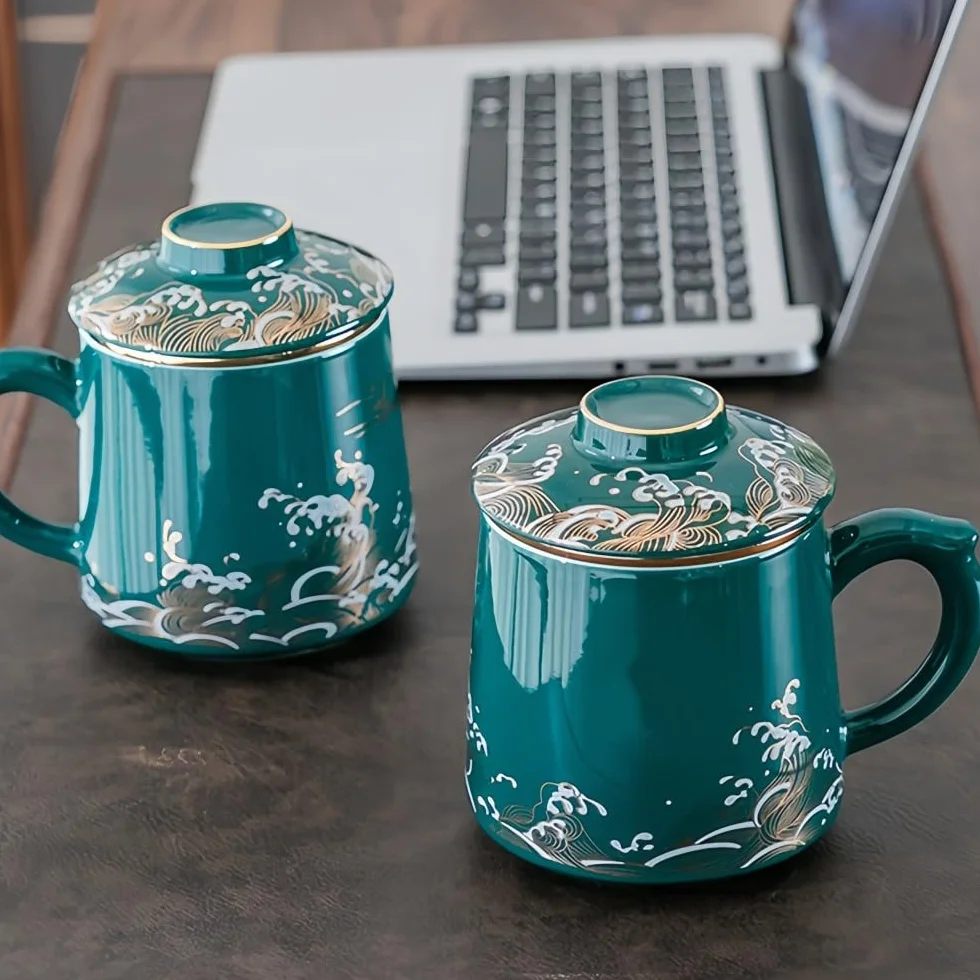 Kubek ceramiczny do herbaty z pokrywką i zaparzaczem do herbaty sypanej, wzór fal lub tygrys i chmura, kubek do zaparzania herbaty do biura i domu, wiele kolorów (Fale - Azure Blue)