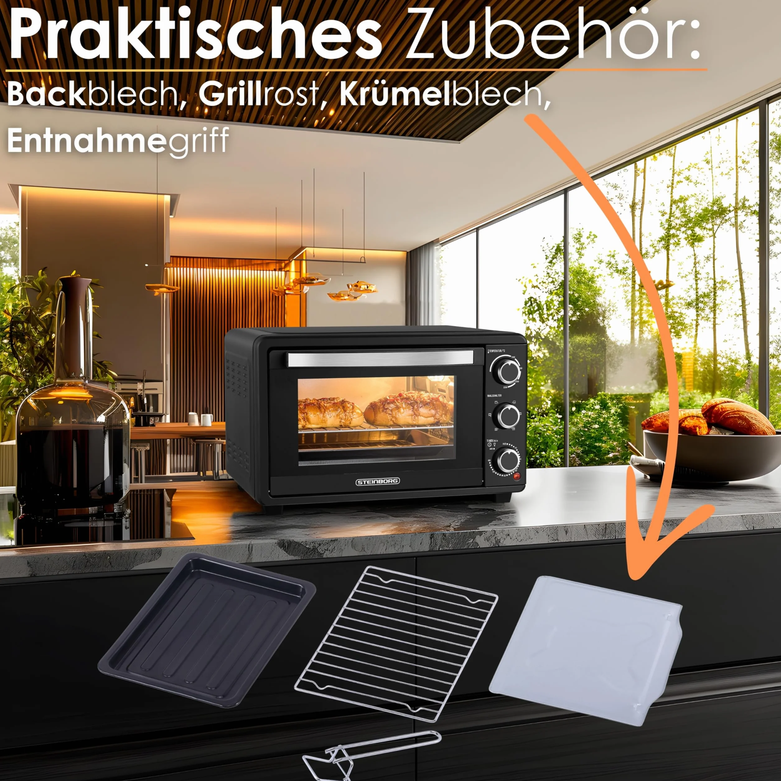 Steinborg Mini piekarnik z termoobiegiem, 25 litrów, elektryczny piec do pizzy, mini piekarnik 3 w 1, blacha na okruchy, ogrzewanie górne/dolne, energooszczędny 100-230°C, 60 min timer