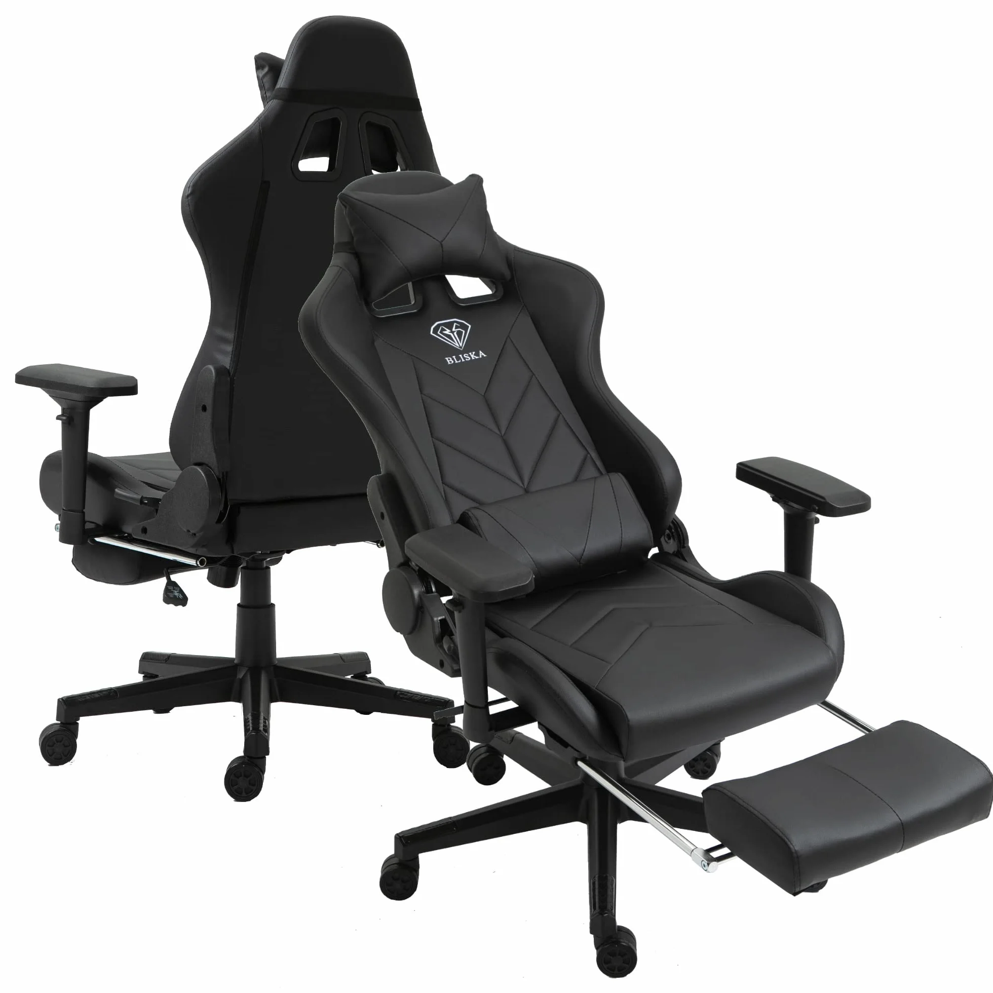 Fotel gamingowy z podnóżkiem i ergonomicznymi podłokietnikami 4D, ergonomiczne, sportowe siedzisko, krzesło dla graczy z regulowaną poduszką podpierającą plecy, krzesło biurowe, kolor: czarny