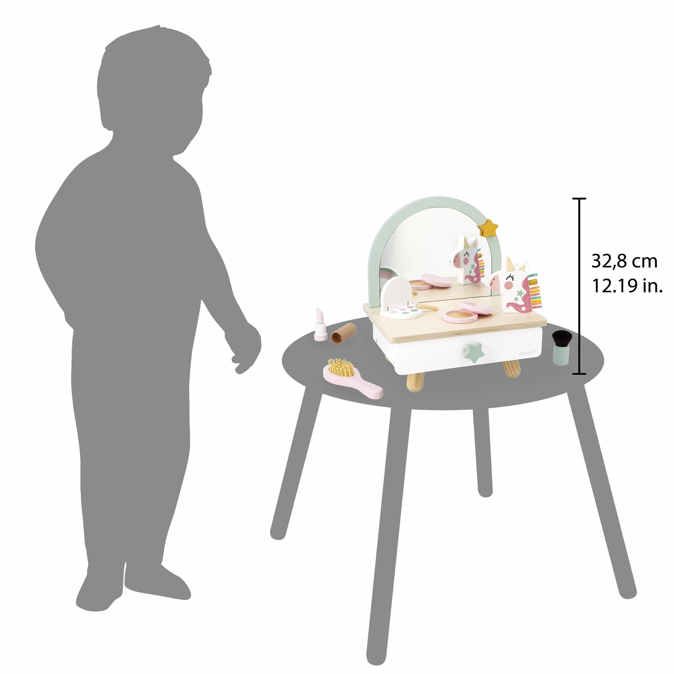 Janod - Drewniana toaletka kosmetyczna dla dzieci na stole - szuflada, lustro i 7 akcesoriów - motyw jednorożca - wysokość 33 cm - atrapa makijażu - od 3 lat - J06463
