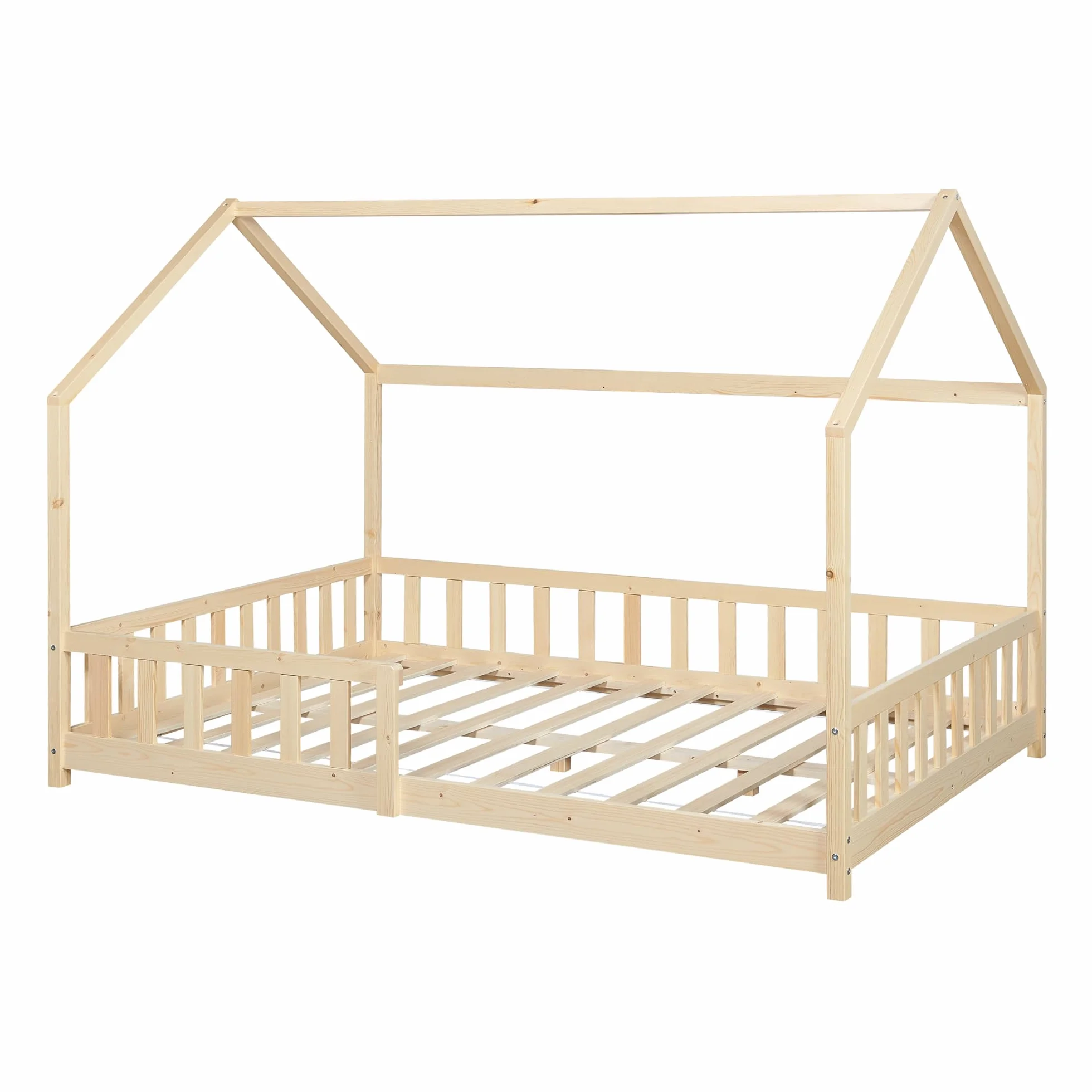 [en.casa] Łóżko domkowe do domku z listwą łóżka z wygodną kratką ochronną, nośność 120 kg, drewno sosnowe, sklejka, 120 x 200 cm, naturalne