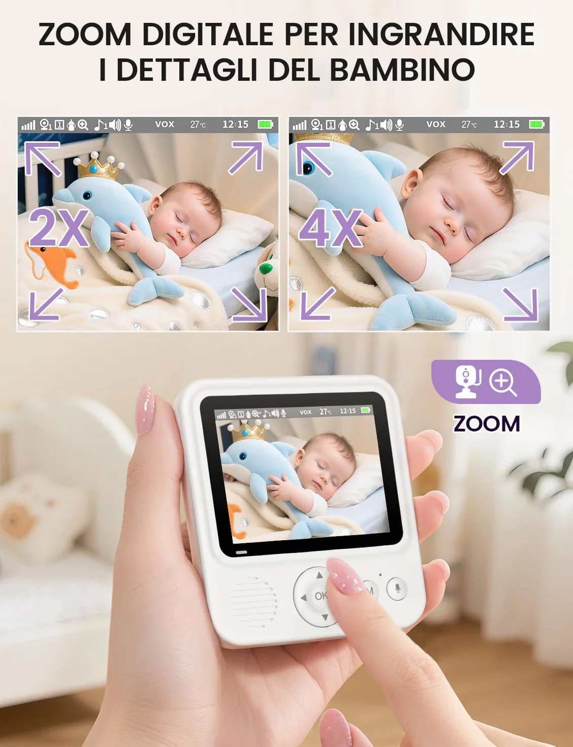 OBVHNUA Babyphone z kamerą 2,8 cala, monitorem dla niemowląt 720P HD, 2000 mAh, monitoringiem wideo, ekranem IPS, USB-C, zoomem 2,4 GHz, noktowizorem, komunikacją VOX