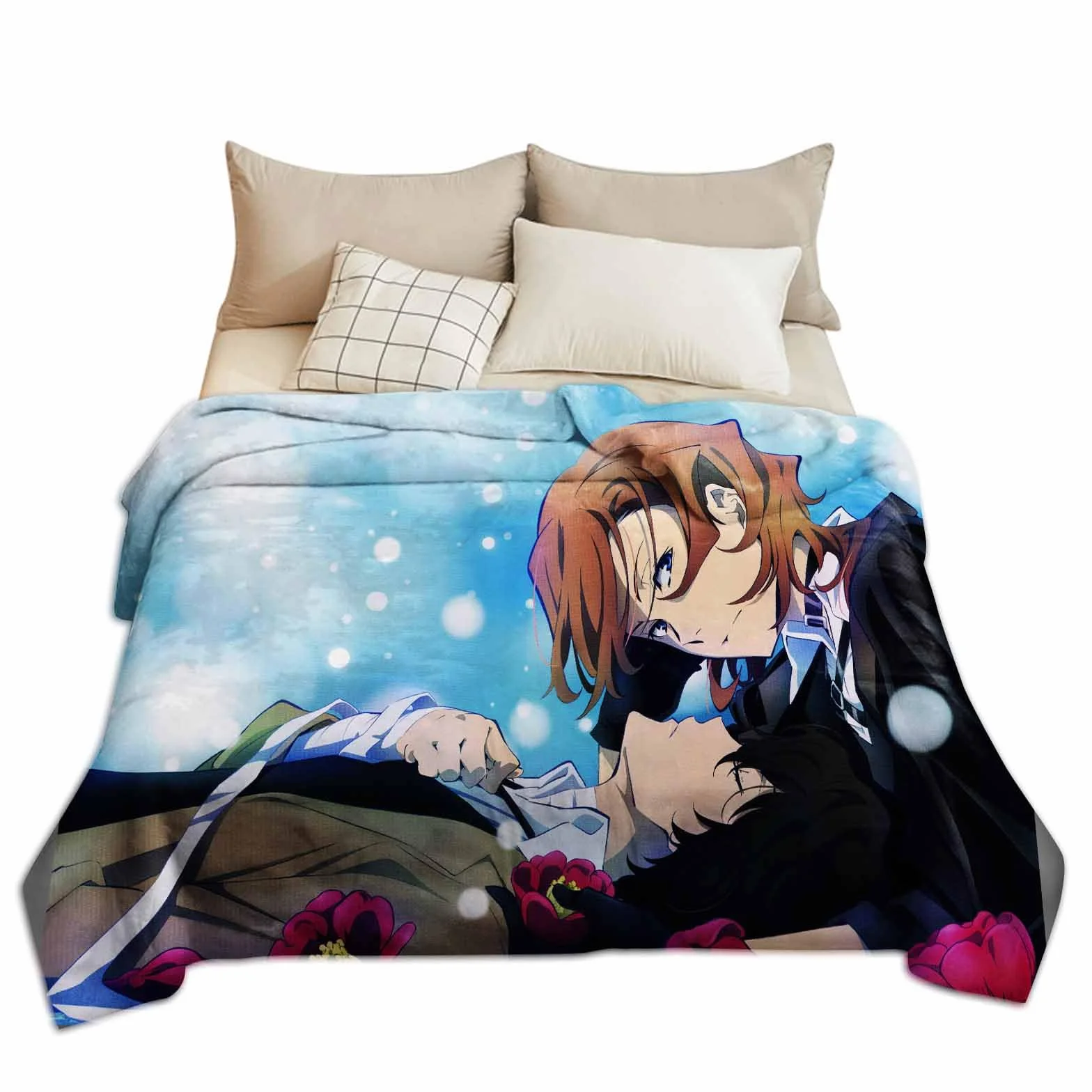 Zhongkaihua Pościel dziecięca anime bungo bezpańskie psy merch flanelowy koc z nadrukiem kreskówkowym super miękki koc polarowy koc do drzemki na sofę łóżko