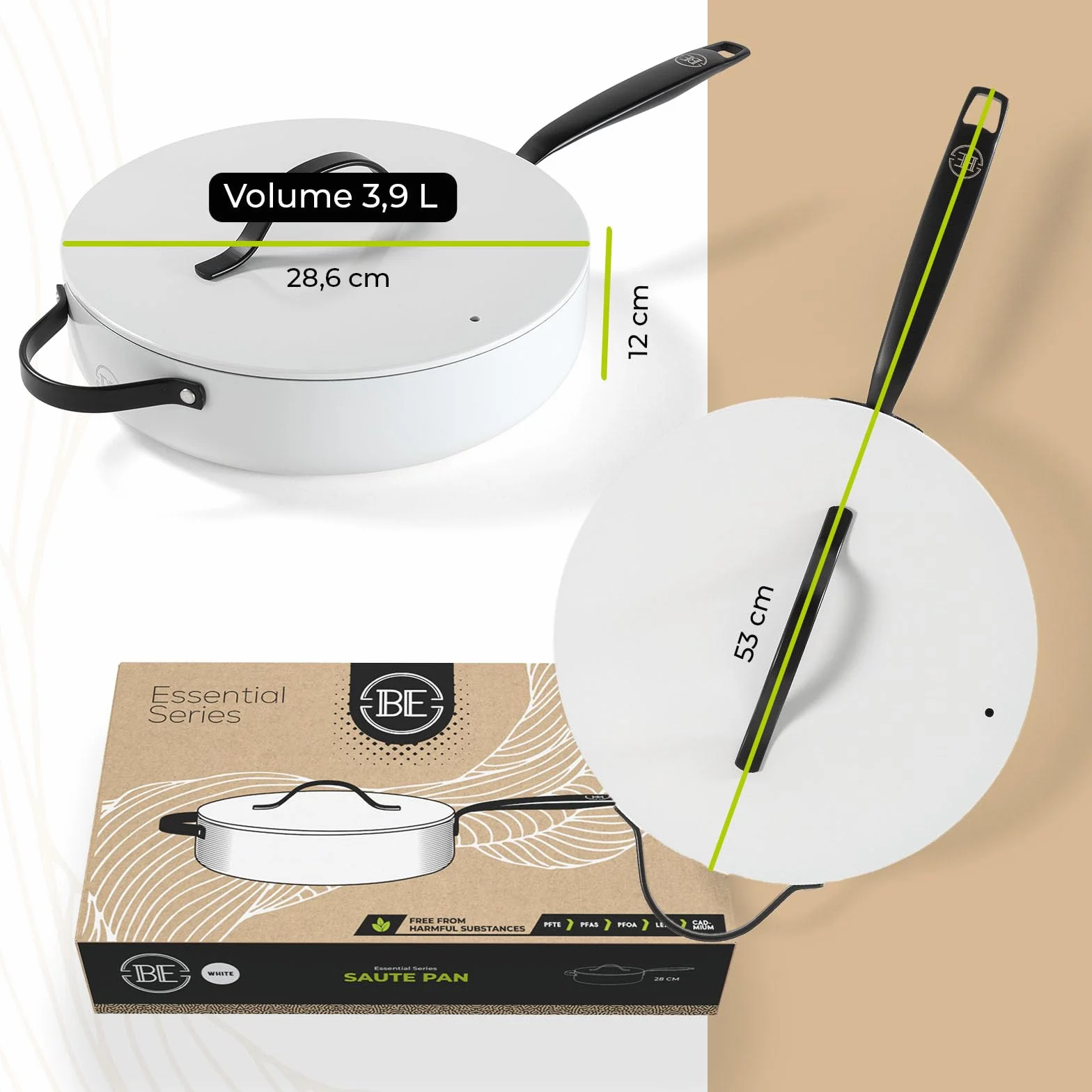 BE Living Essential 5-częściowy zestaw garnków, Ø 20, 24 i 28 cm patelnia do smażenia + Ø 30 cm patelnia do gotowania + Ø 28 cm, zestaw patelni, ceramiczne, bez PFAS, indukcja, biały