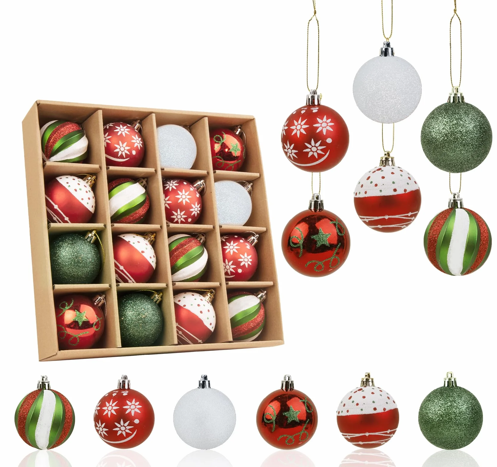 Bombki bożonarodzeniowe czerwone, zielone, białe, Anstore 6 stylów designu bombki choinkowe 6cm z tworzywa sztucznego ornament z zawieszką, 16 sztuk kolorowy zestaw ozdób choinkowych, ozdoby choinkowe