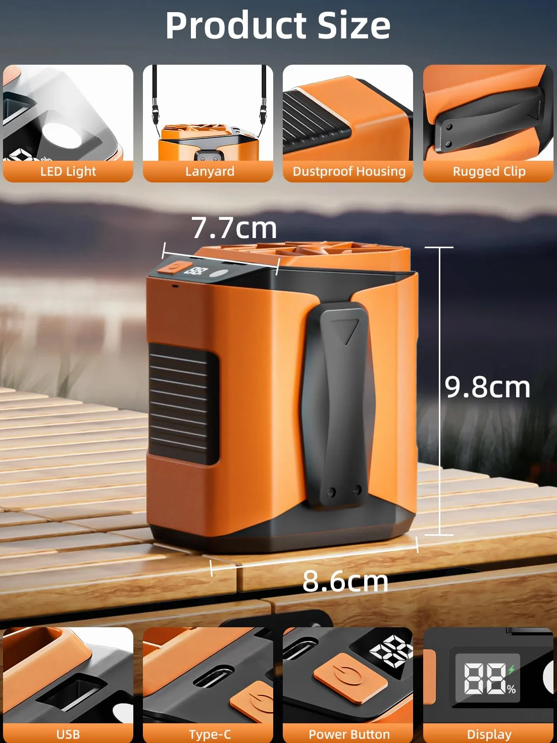 Przenośny wentylator na talię, klips 10 000 mAh, ładowany przez USB, osobisty wentylator stołowy z 5 prędkościami, 16000 obr./min, poręczny wentylator na szyję ze światłem, wentylatory biurkowe do