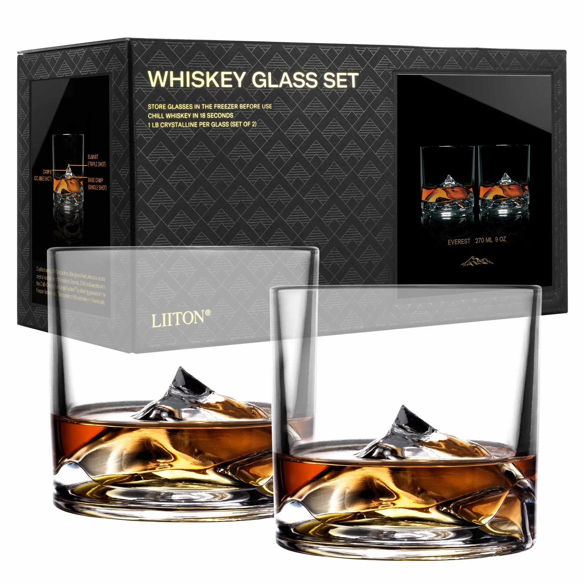 LIITON Mount Everest Ciężkie kryształowe szklanki do whisky, zestaw 2 sztuk, grube, zamrażalne szklanki do burbona, po 0,5 kg, prezenty do whisky premium dla mężczyzn, mrożone kryształowe koktajle
