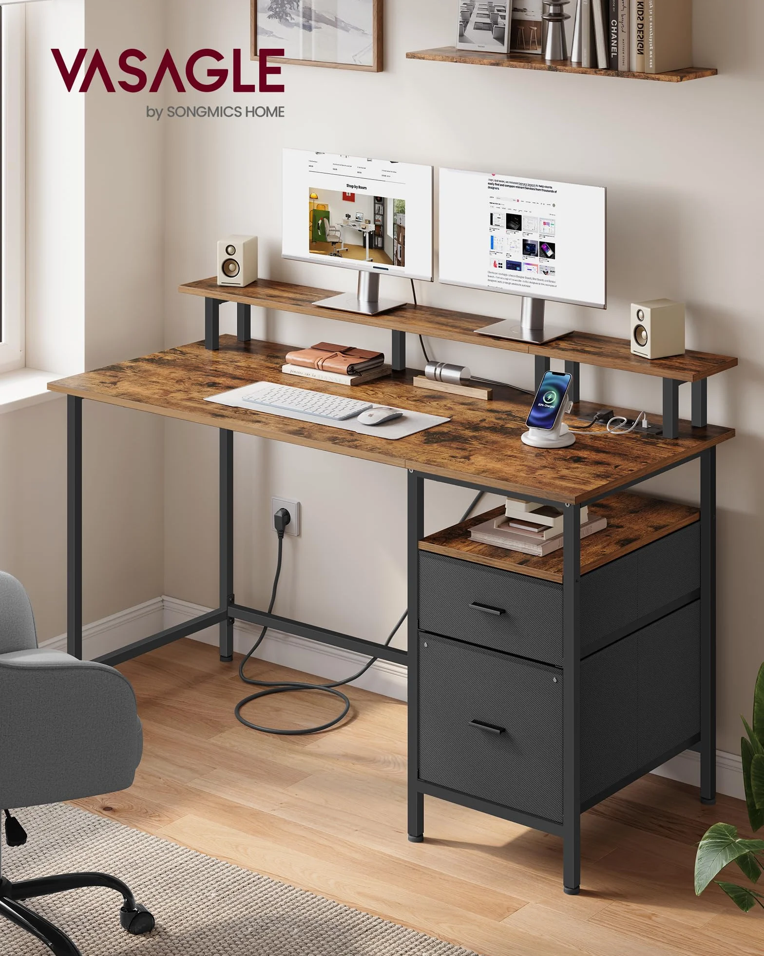 VASAGLE Biurko do gier, z szufladami z tkaniny, stolik komputerowy ze stojakiem na ekran, listwa zasilająca, 2 porty USB, do domowego biura, 140 x 60 cm, rustykalny brąz LWD094K02V1