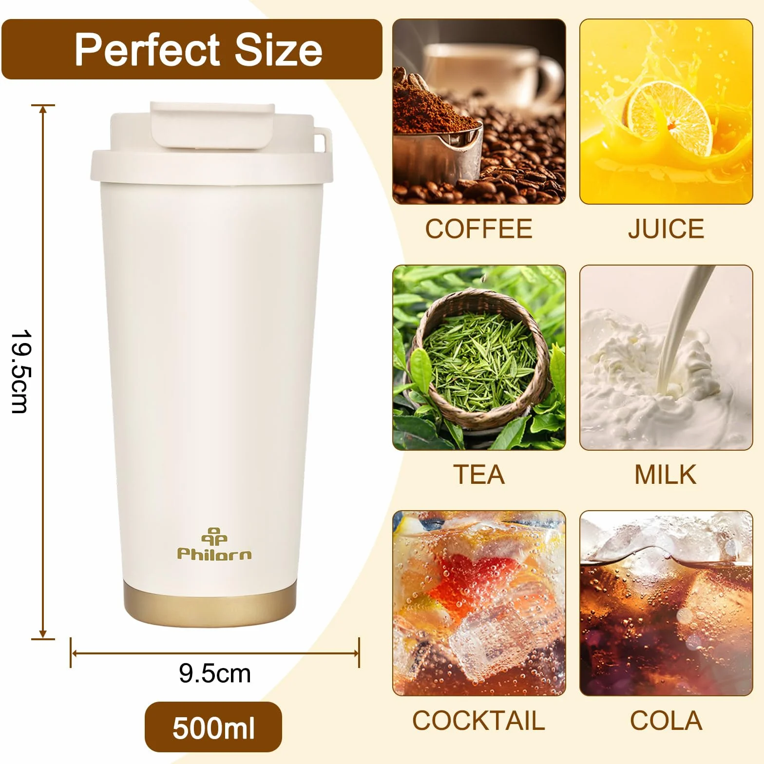 Philorn Kubek Termiczny na Wynos ze Stali Nierdzewnej 316, 500 ml, Ceramiczny Wewnątrz, 100% Szczelności, do Kawy, Biały, Nadaje się do Mycia w Zmywarce