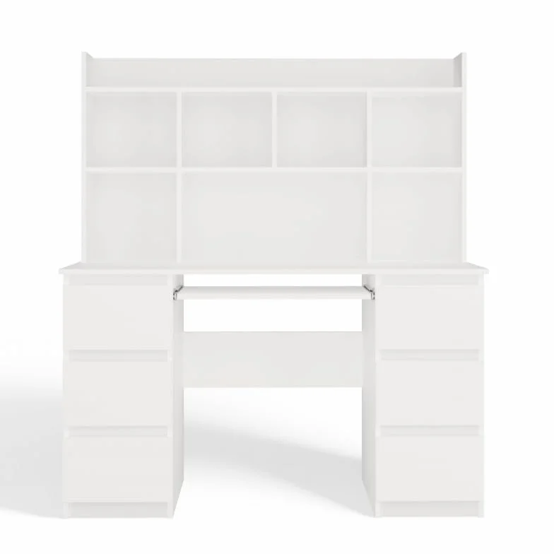CDF Biurko z Nadstawką Kuba Duży Zestaw do Nauki i Pracy z Półkami i 6 Szufladami Ergonomiczne Stanowisko Komputerowe dla Ucznia i Studenta Regał 130 cm Meble Biurowe - Biały