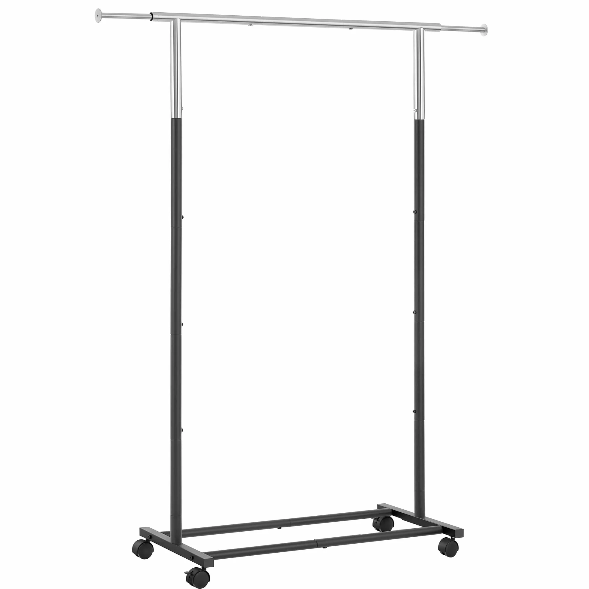 SONGMICS Wieszak na płaszcze, wieszak na ubrania, stojak na płaszcze z kółkami, obciążenie do 25 kg, regulowany, srebrno-czarny HSR101B01