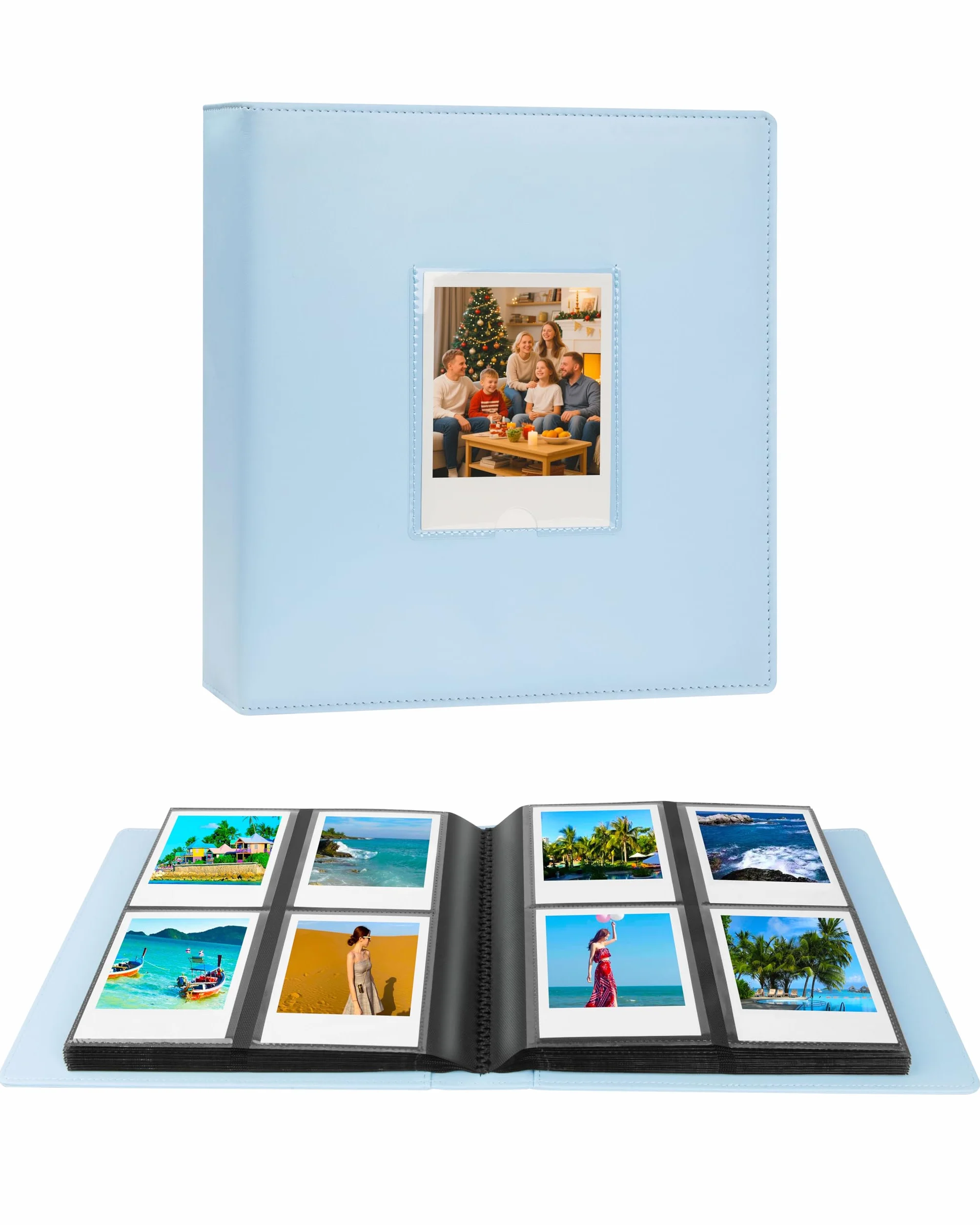 Album na 256 zdjęć Polaroid i-Type/600/SX-70 i Fujifilm Instax Wide 300/400, twarda okładka ze skóry ekologicznej z okienkiem (Niebieski)