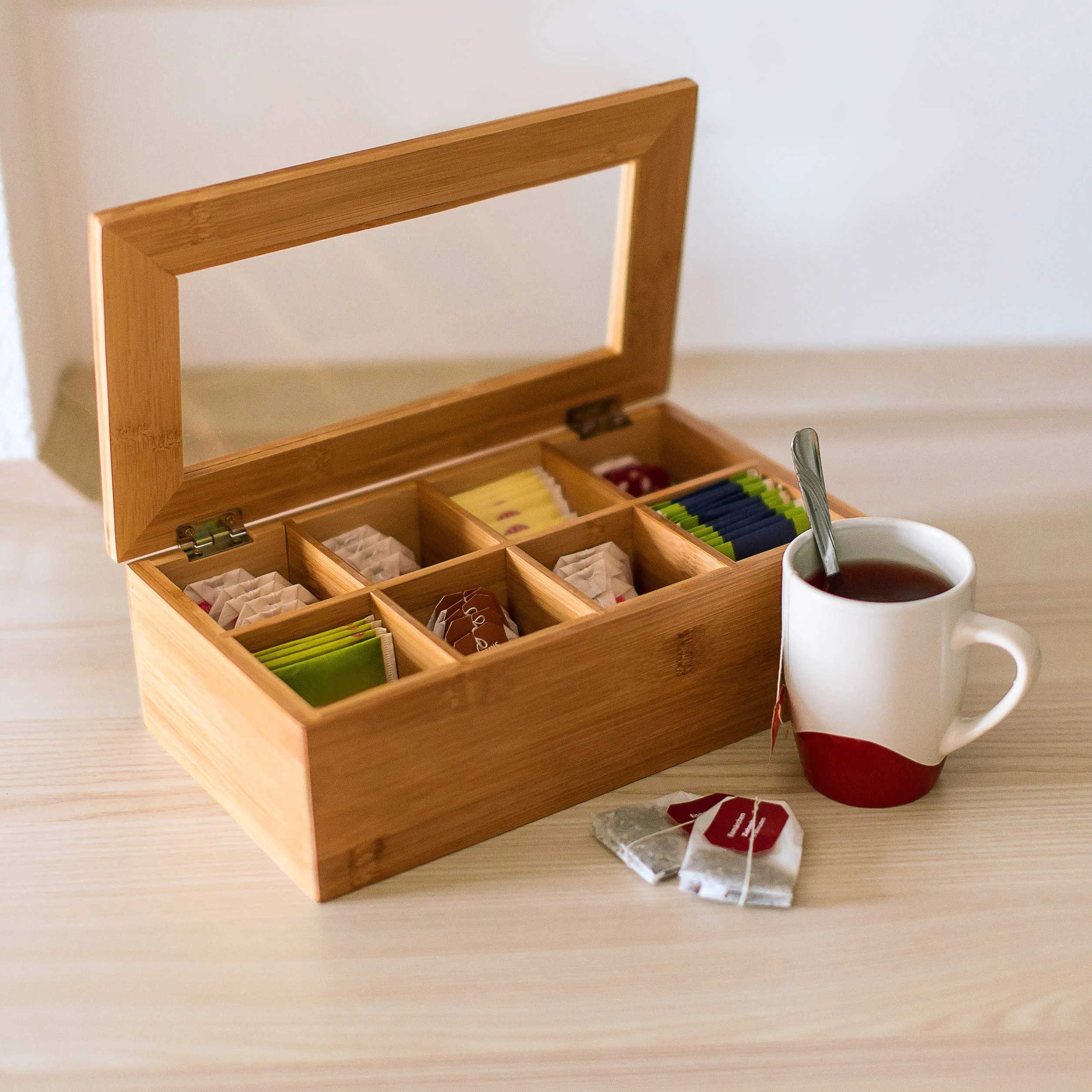 Relaxdays Teebox Skrzynka na Herbatę, Bambus, 9 X 28 X 16 cm, 8 Przegródek