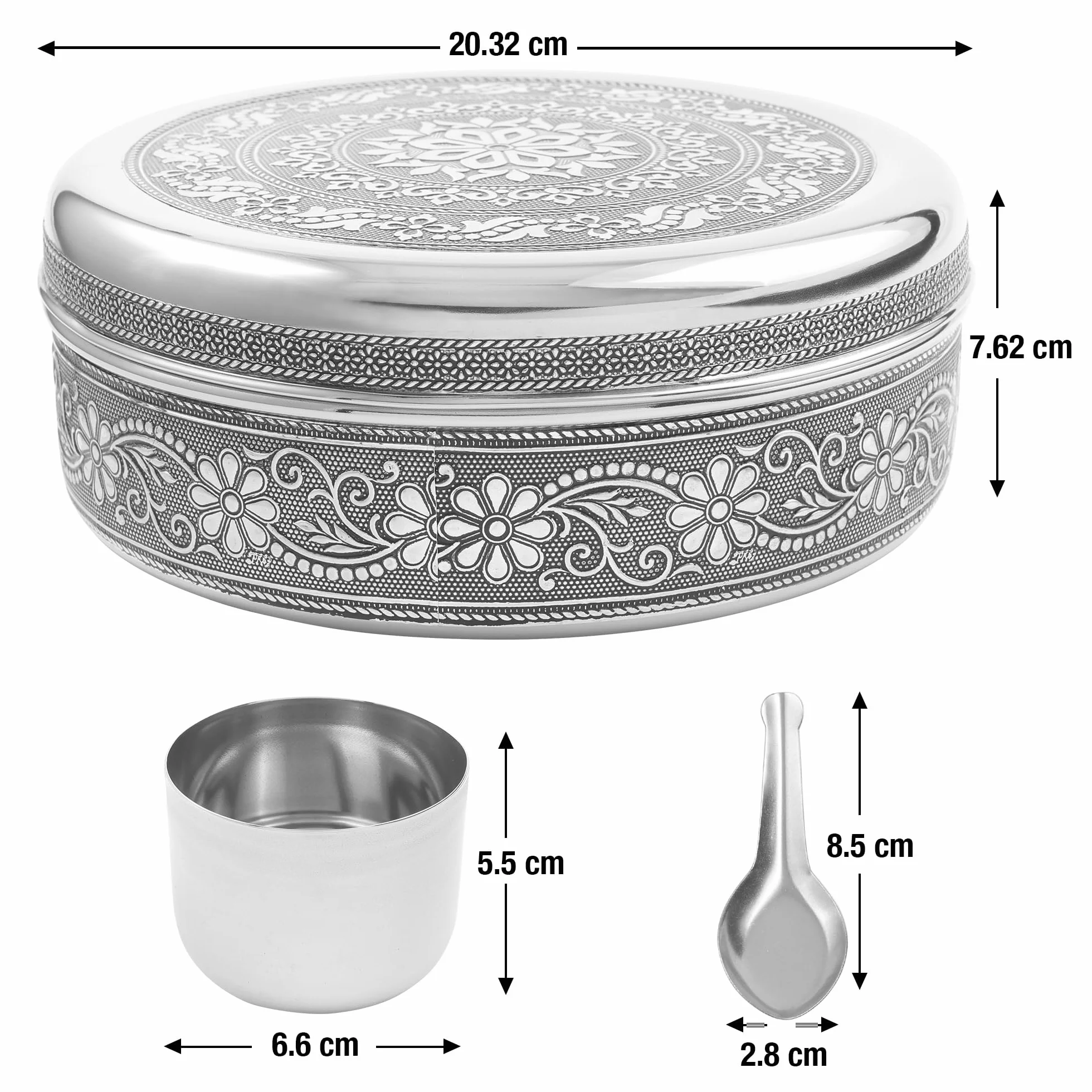 KSJONE Designerska Masala Dabba – 8-calowy pojemnik na przyprawy ze stali nierdzewnej, zawierający 7 oddzielnych pojemniczków i łyżeczki; indyjski organizer na przyprawy z pokrywką