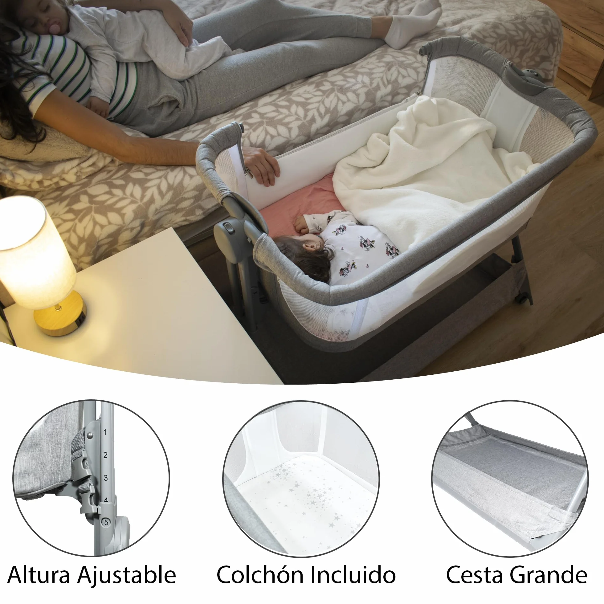 Twinly Comfortly 2 w 1 łóżeczko dziecięce i łóżeczko dziecięce z kółkami, składane mini łóżeczko podróżne, bez mocowania, regulowana wysokość i funkcja przeciwodblaskowa, w zestawie materac