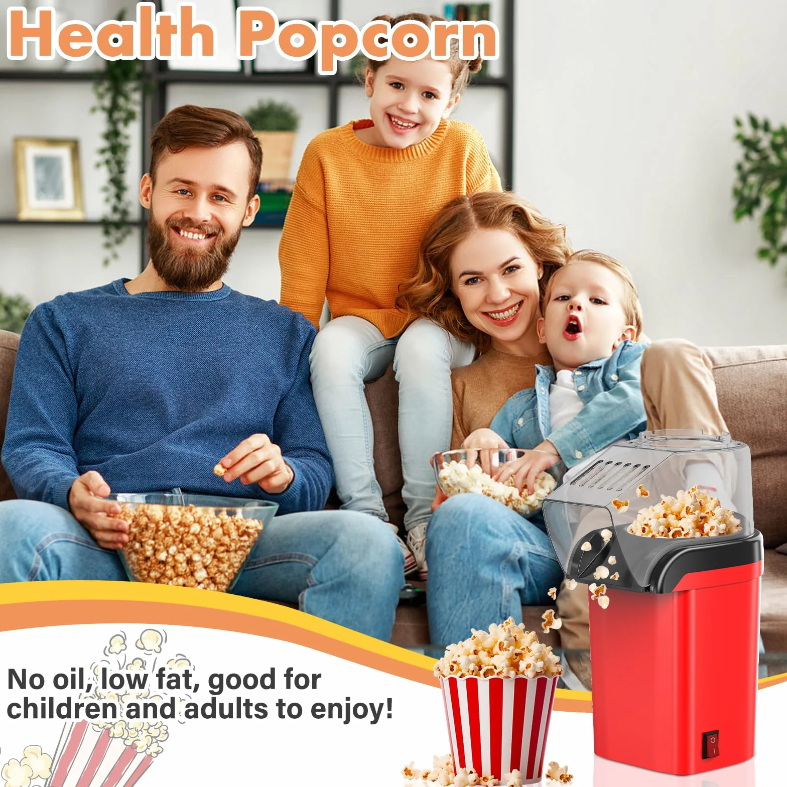 Aissom Maszyna do popcornu 1200 W, urządzenie do robienia popcornu na gorące powietrze, bez tłuszczu, 3 minuty, obsługa jednym dotknięciem, do oglądania filmów w domu i na Boże Narodzenie