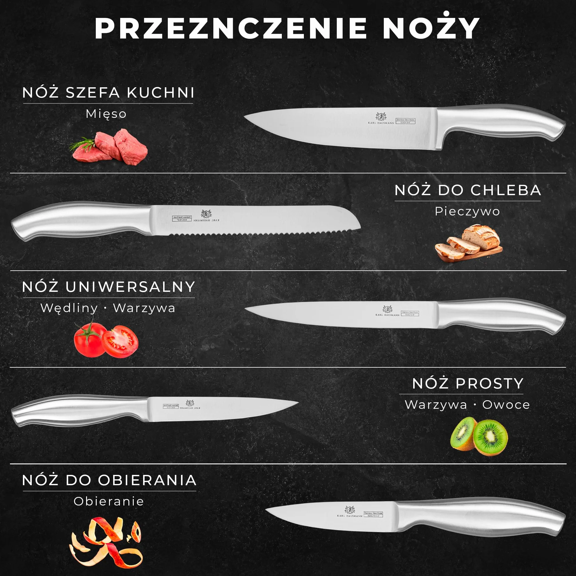 KARL HAUSMANN Komplet Noży Kuchennych w Bloku - 6 Elementów - Noże Kuchenne ze Stali Nierdzewnej - Zestaw Noży z Nożem Szefa Kuchni, Nożem do Chleba i Nożem do Warzyw - Uniwersalny Blok na Noże