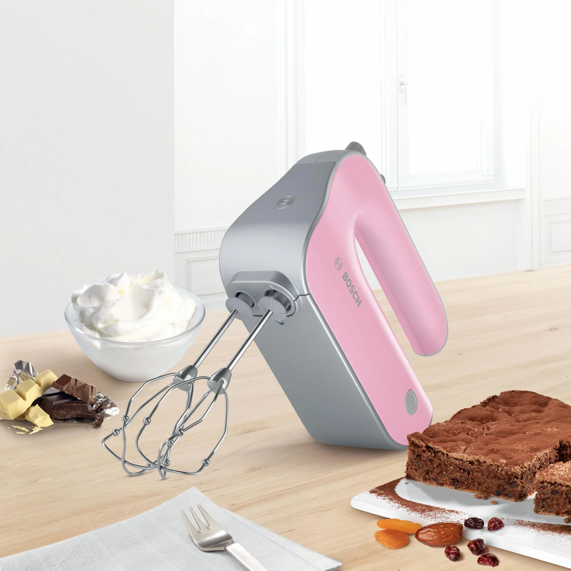 Bosch,Mikser Ręczny Styline Colour, 500 W, 5 prędkości + Turbo, FineCreamer, Haki do ciasta, Ergonomiczny uchwyt, MFQ4030K, różowy/srebrny