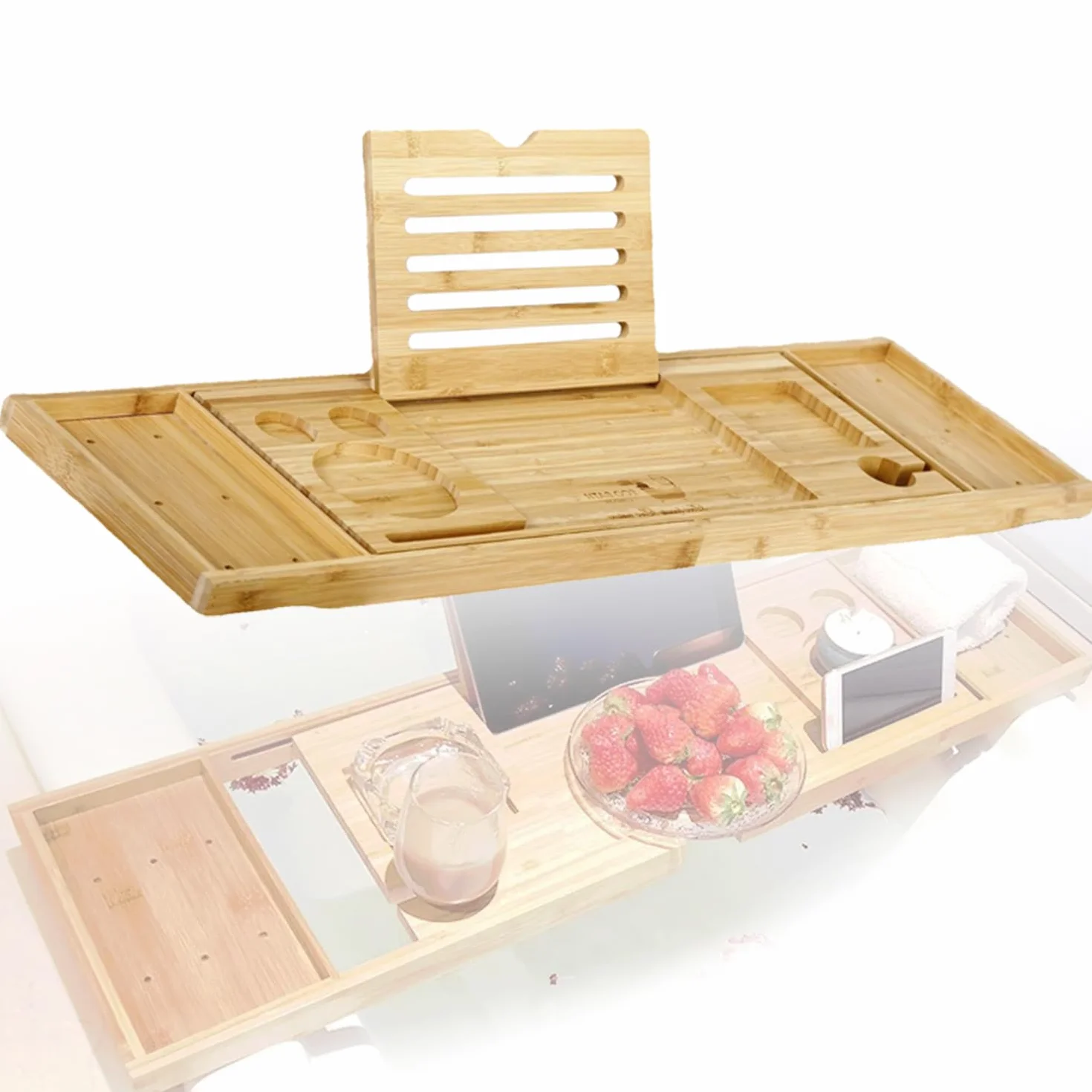 Taca do wanny, wysuwana taca bambusowa do wanny, 102 x 22 cm, ze świecą, kieliszkiem do wina, książką, iPadem i uchwytem na telefon, regulowany stół do wanny - akcesoria łazienkowe