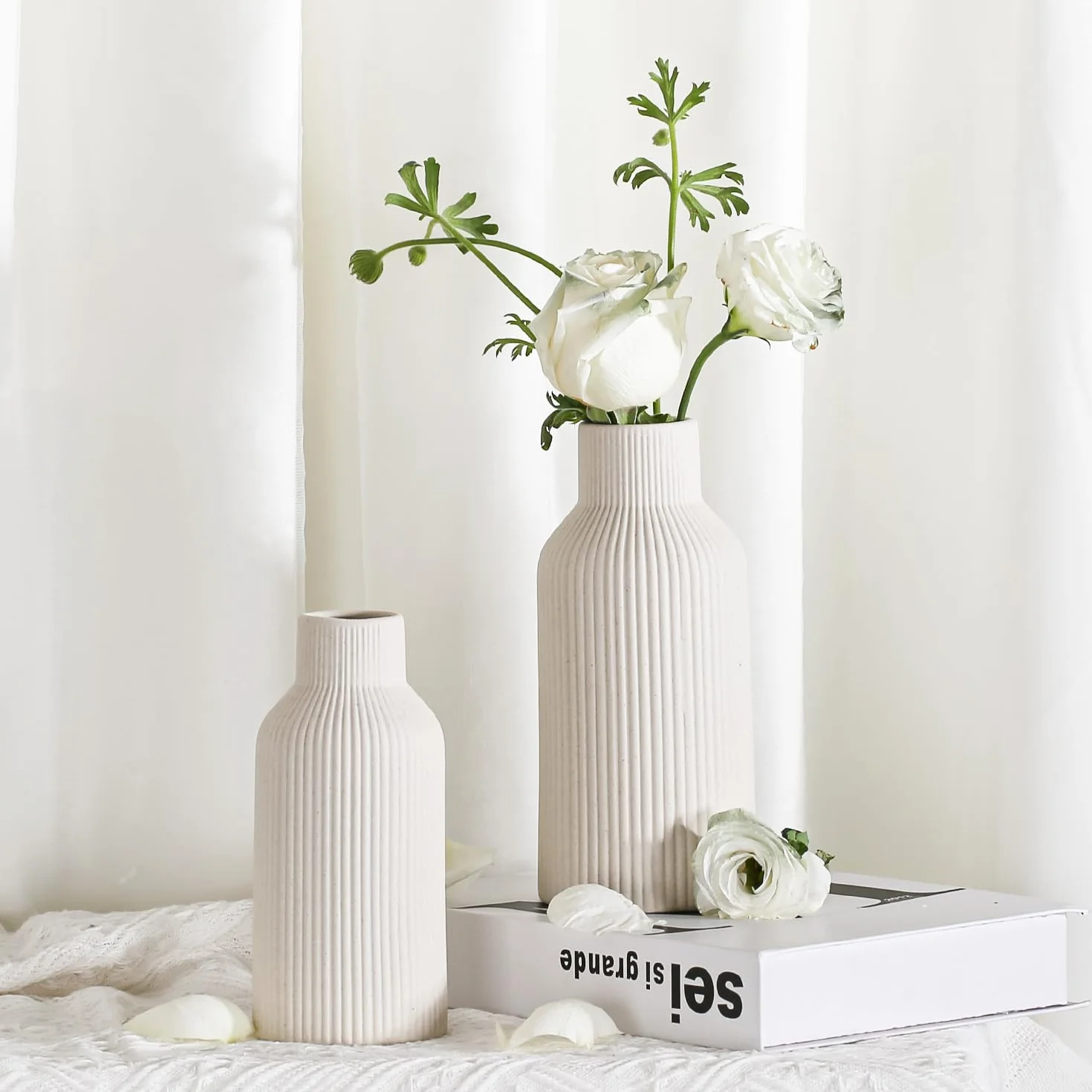 Wazon ceramiczny, trawa pampasowa, mały wazon do dekoracji, stołu jadalnego, regału na książki, gzymsu kominkowego, dekoracji wejścia i nakładek stołowych, prosty nowoczesny, styl boho (beżowy)