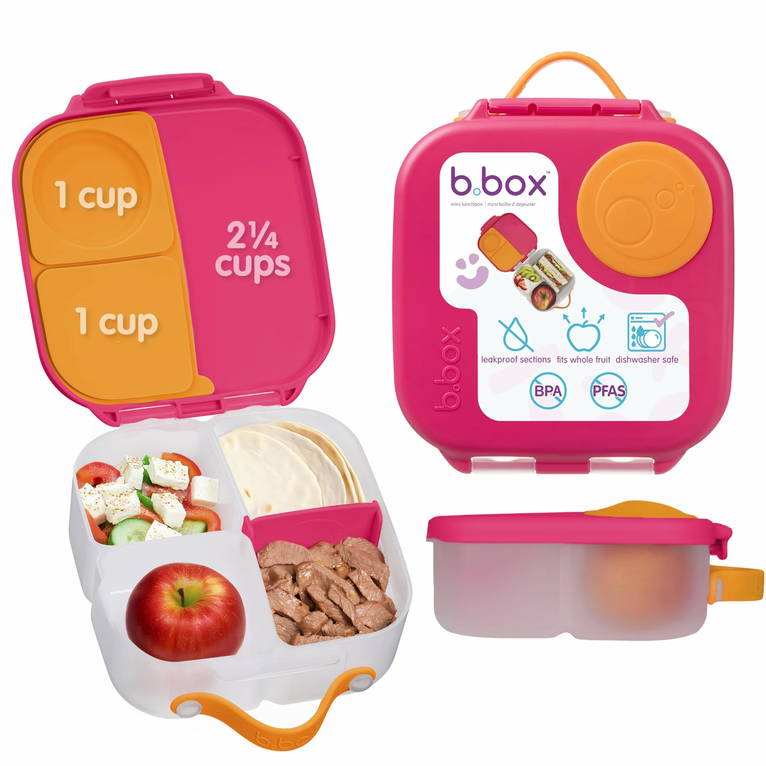 b.box Mini pudełko na lunch Bento z 3 przegródkami (2 szczelne), optymalne dla małych dzieci, na lunch i przekąski, pasuje na cały owoc, bez BPA, shake truskawkowy