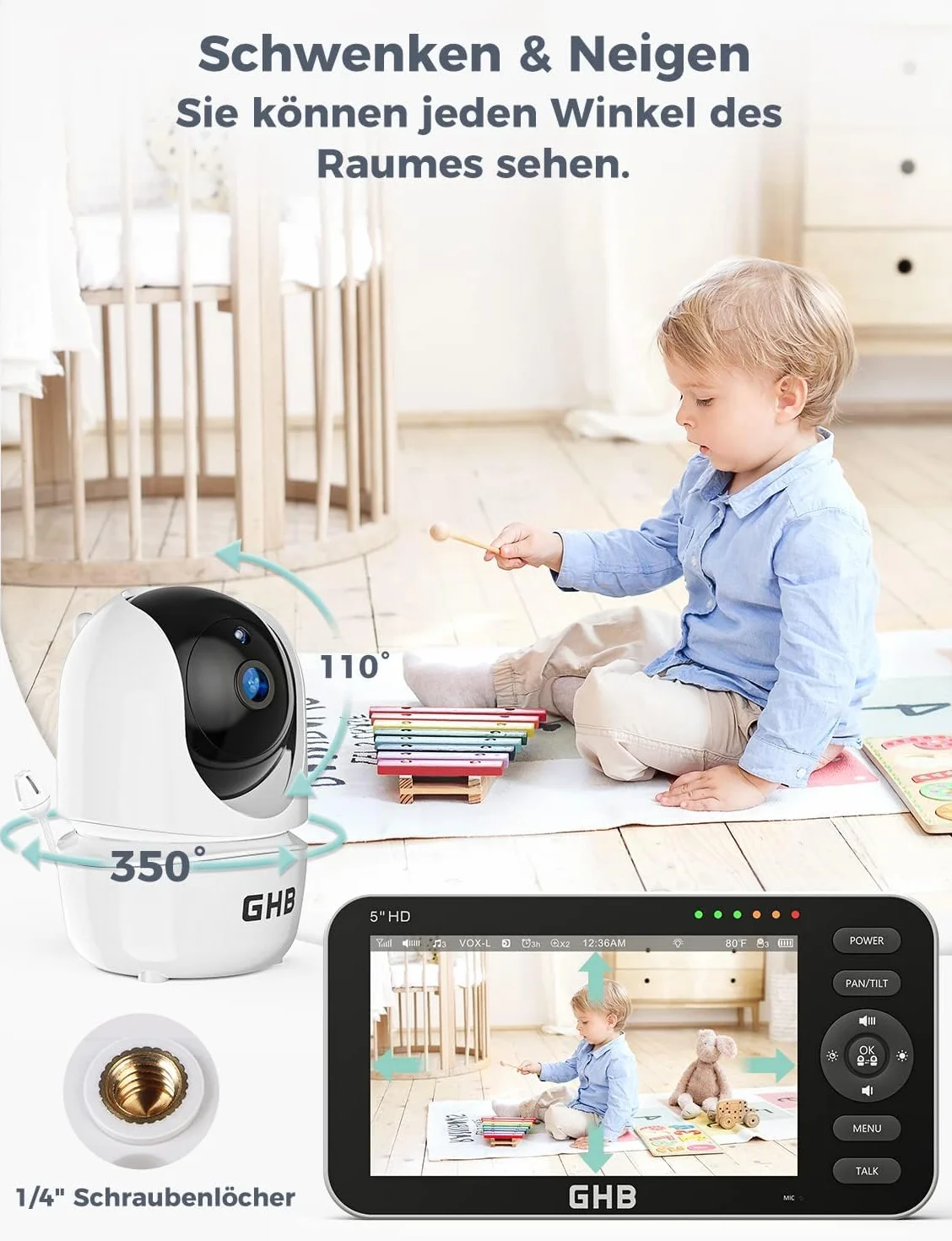 GHB niania elektroniczna z kamerą 5-calowym wyświetlaczem 720P HD IPS z akumulatorem 4000mAh Pan/Tilt 350°/110° tryb VOX mowa dwukierunkowa noktowizja wyświetlacz temperatury