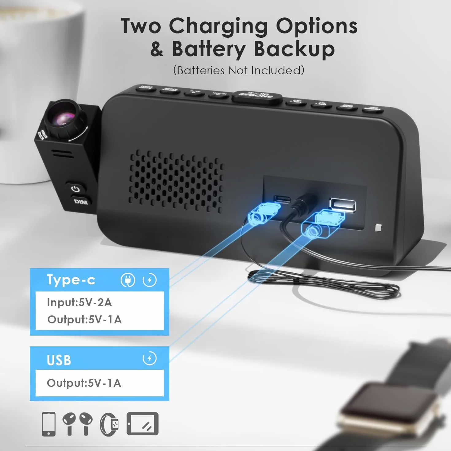 Budzik z projekcją dla sypialni, zegar z projekcją z 5 trybami przyciemnienia, nocne światło, tryb weekendowy/dni roboczych, ładowarka Typ C/USB, 12/24H/DST, drzemka, zapasowe zasilanie bateryjne