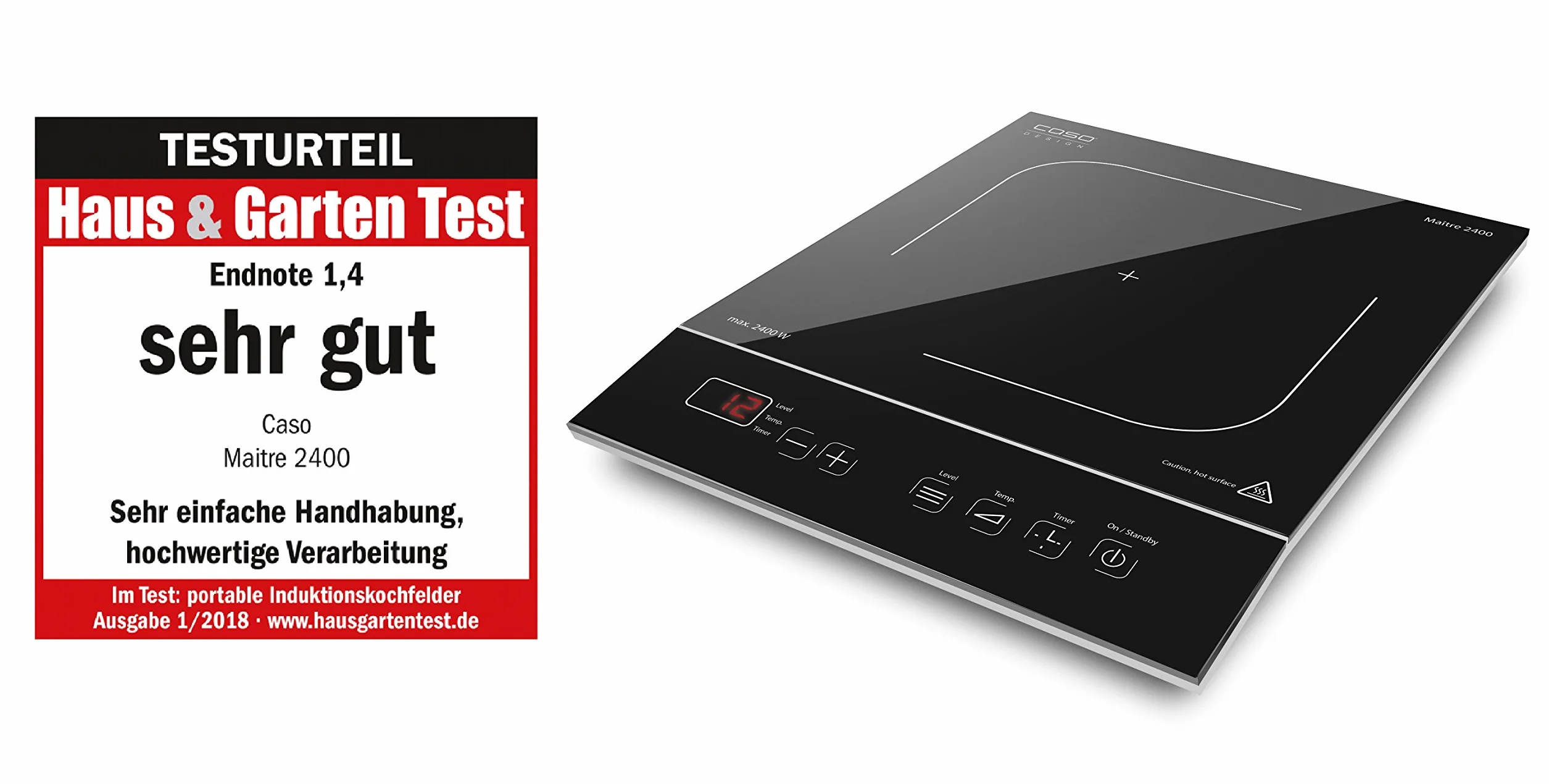 CASO Maitre 2400 mobilna płyta indukcyjna 2400 W SmartControl 12 poziomów 60-240°C timer 180 min garnki 26 cm ceramika szklana