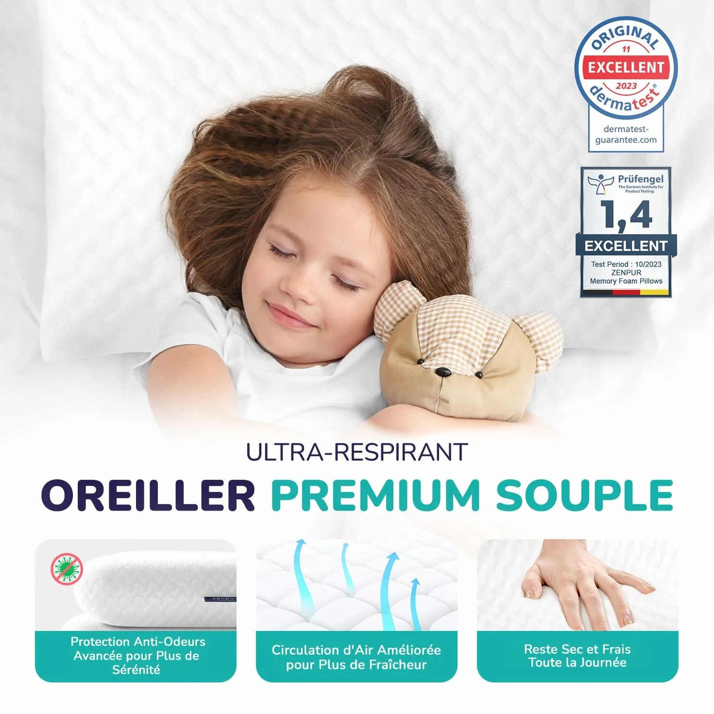ZenPur Oreillers Ergonomique Cervical, Lot de 2 Coussins Mémoire Forme, Douleurs pour la Nuque, Anti Acarien & Ronflement, Housse Bambou, Fabriqué EU – Souple, Idéal pour Dormeurs Ventre
