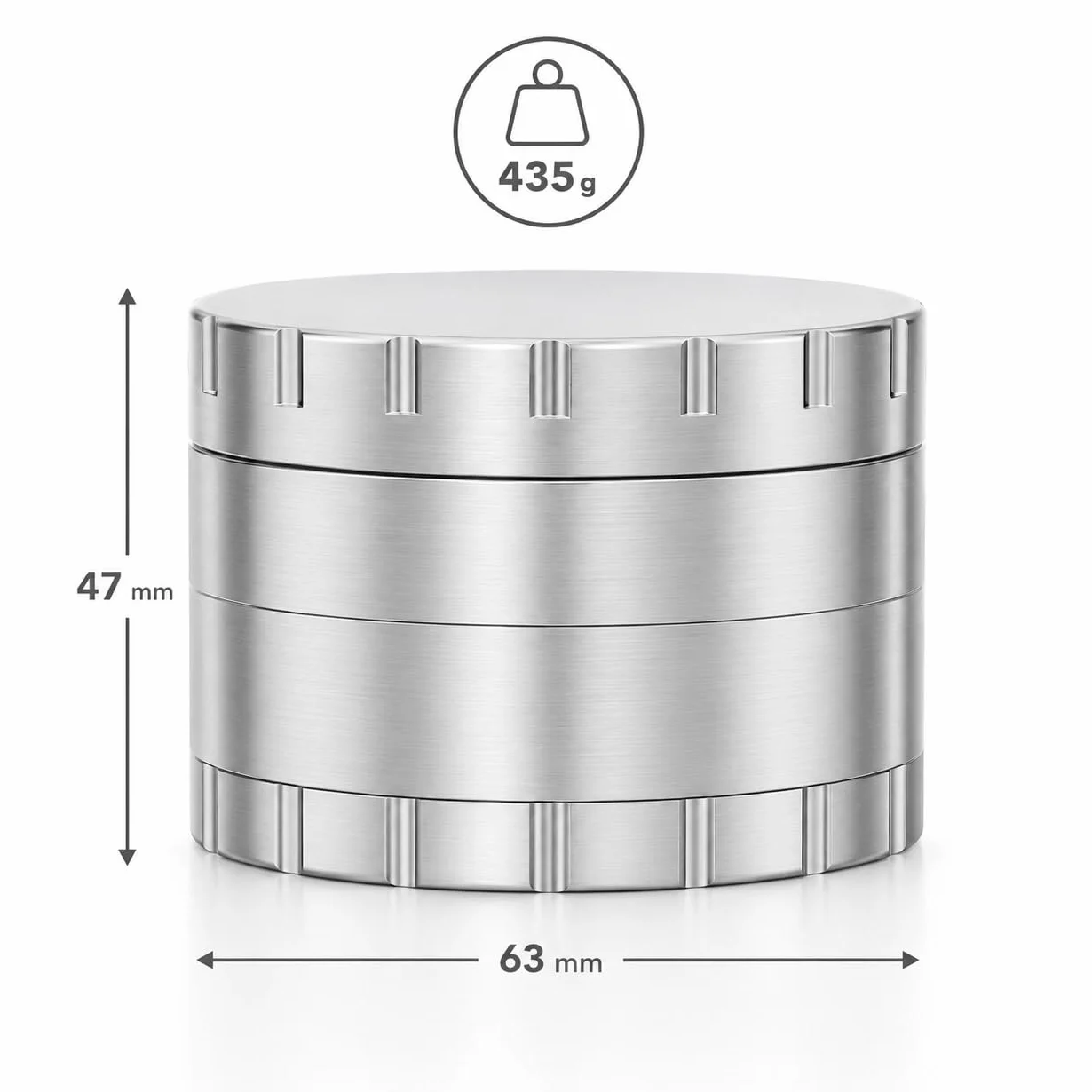 Młynek ze stali nierdzewnej Premium Crusher | 4-częściowy | stalowy młynek do ziół | Ø 63 mm | w zestawie pokrowiec ochronny z zamkiem błyskawicznym, skrobak do pyłków, pędzel i ustnik