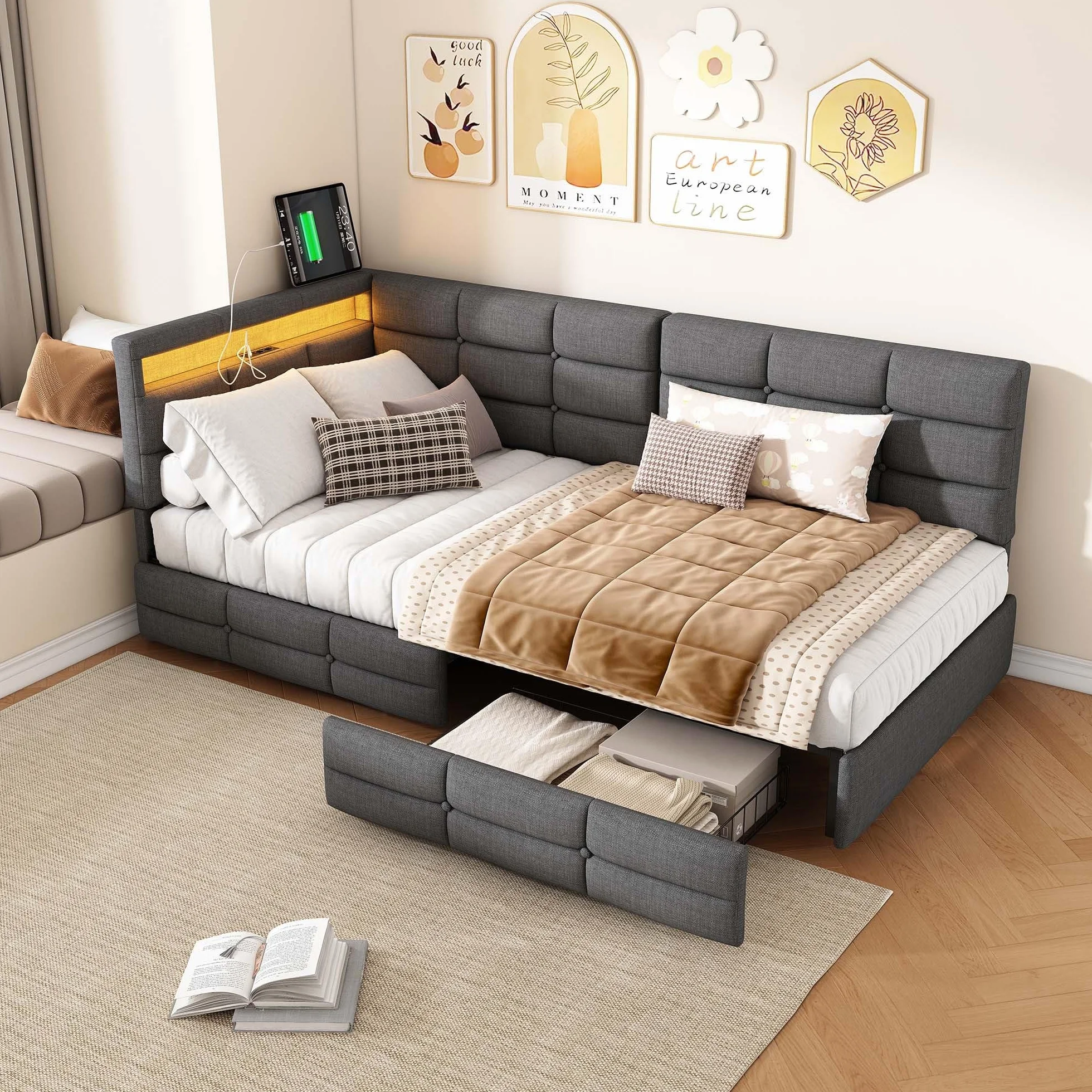 Sofa z funkcją spania w kształcie L 90x200 z 2 szufladami USB/Typ C LED