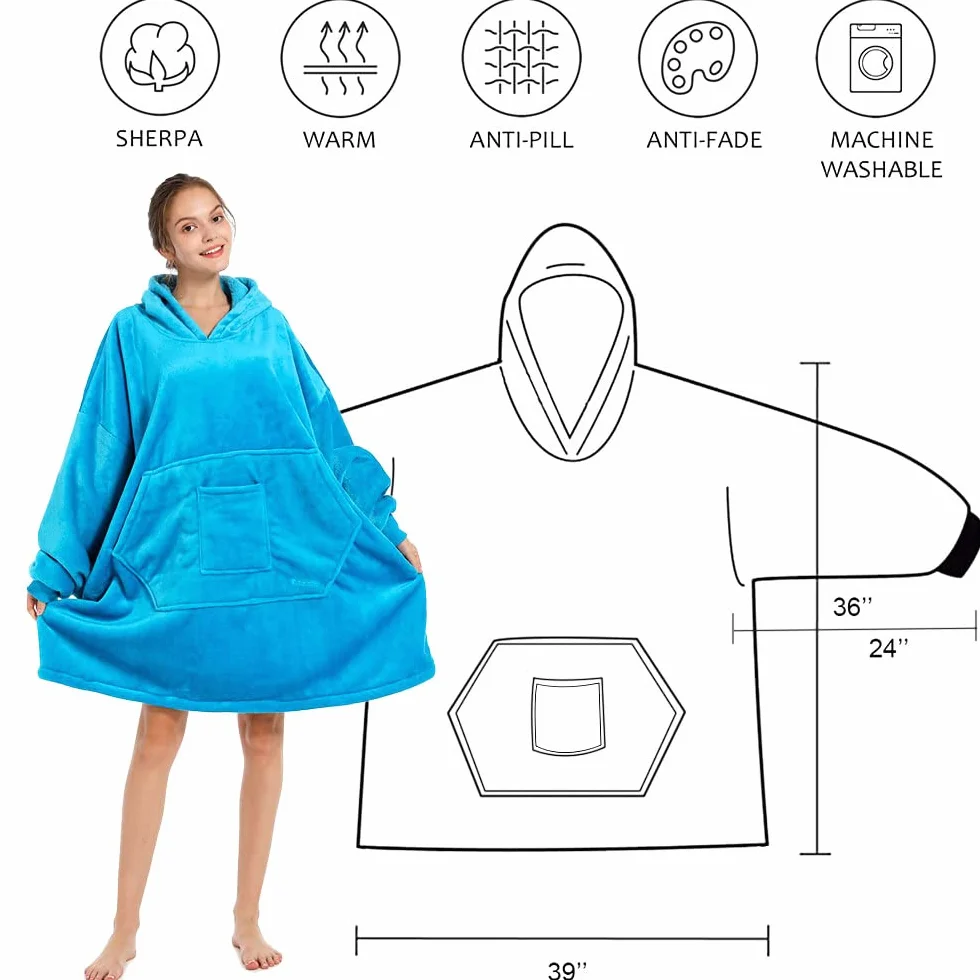 REDESS Blanket Hoodie Sweatshirt, Wearable Blanket Oversized Sherpa with sleeves and giant pocket, cozy hoodie for adults kids