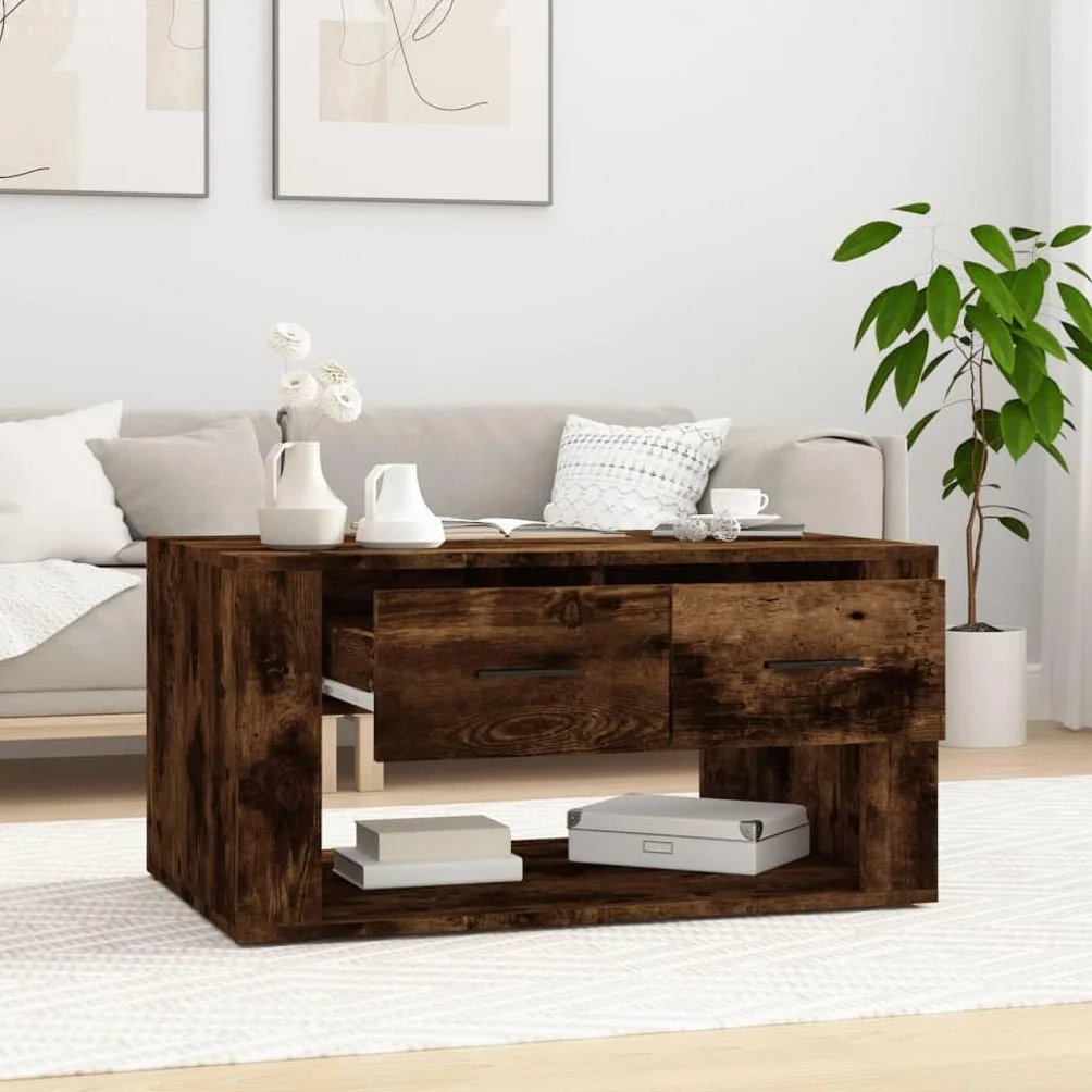 Hothingwell Stolik kawowy Dąb wędzony 80x50x40 cm Drewno inżynierskie | 2 szuflady do przechowywania, wytrzymała góra, łatwa do czyszczenia, instrukcja montażu w zestawie