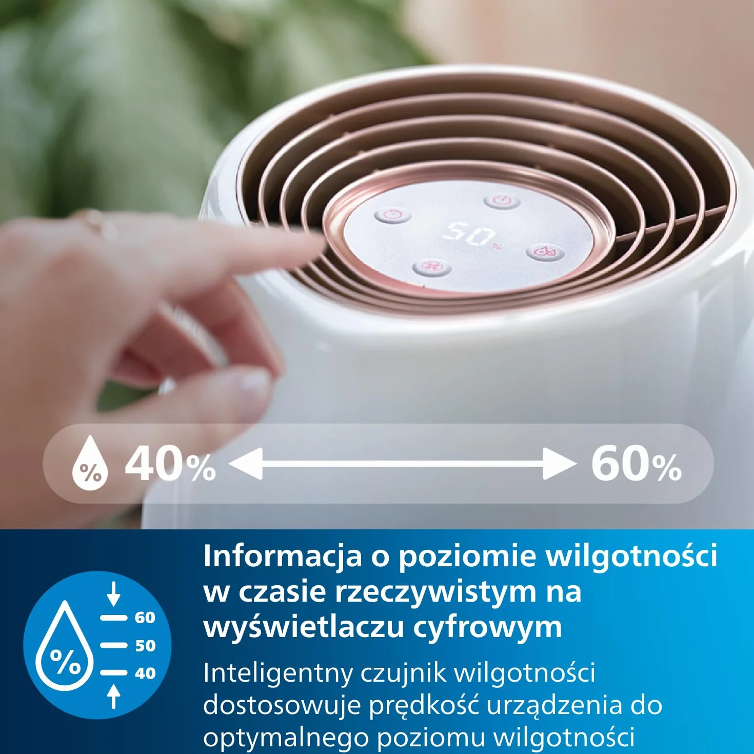 Philips Nawilżacz powietrza Serii 2000, Higieniczne nawilżanie NanoCloud, 99,97% mniej bakterii, 200 ml/h, Zbiornik 2L, Ultra cichy (33 dB), 3 prędkości, Tryby Auto i Nocny, Timer, Biały (HU2716/10)