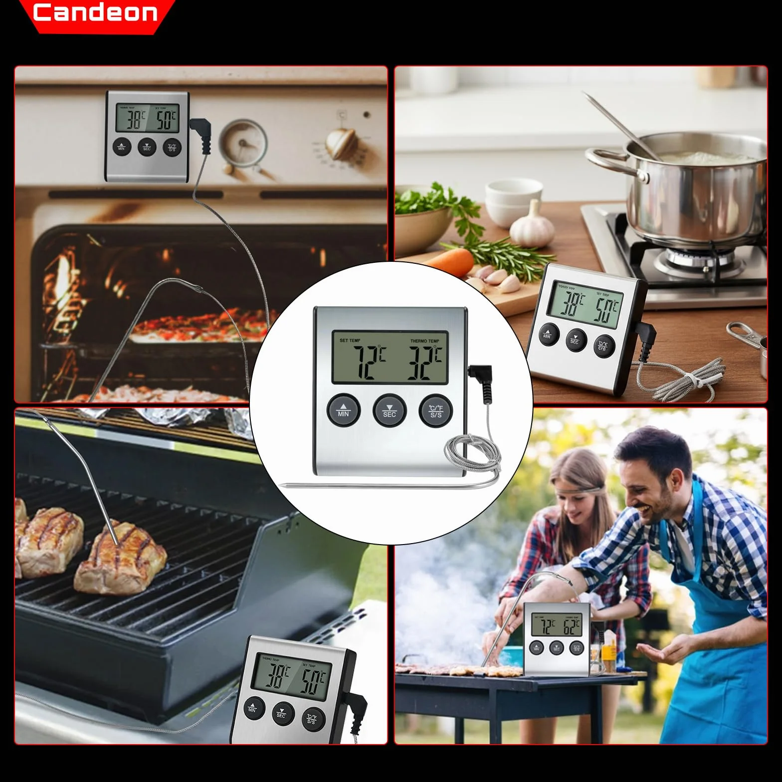 Cyfrowy termometr do mięsa, termometr do gotowania żywności – termometr z sondą ze stali nierdzewnej, magnetyczny duży wyświetlacz LCD – termometr kuchenny BBQ grill - termometr do wędzenia, grilla