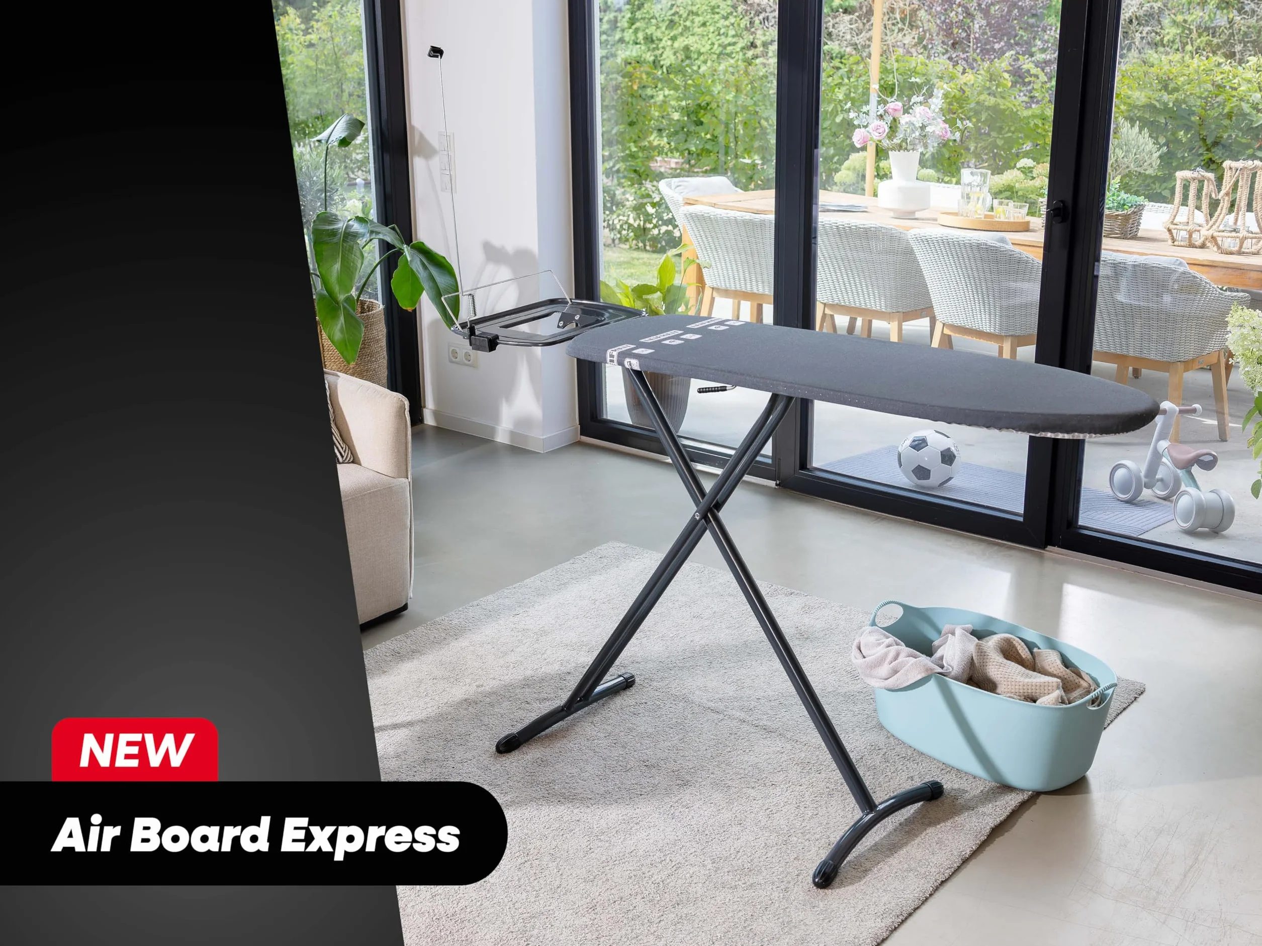 Leifheit Air Board Express M Black, stylowa deska do prasowania o wymiarach 120x38 cm, odpowiednia do stacji parowych, regulowana pod względem wysokości i zajmująca mało miejsca podczas przechowywania