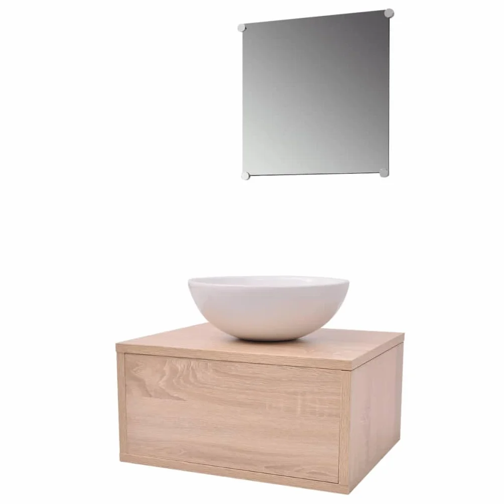 4-częściowy zestaw mebli łazienkowych beżowy z szafką dolną do montażu na ścianie, umywalka ceramiczna i bateria jednouchwytowa, nowoczesne meble łazienkowe