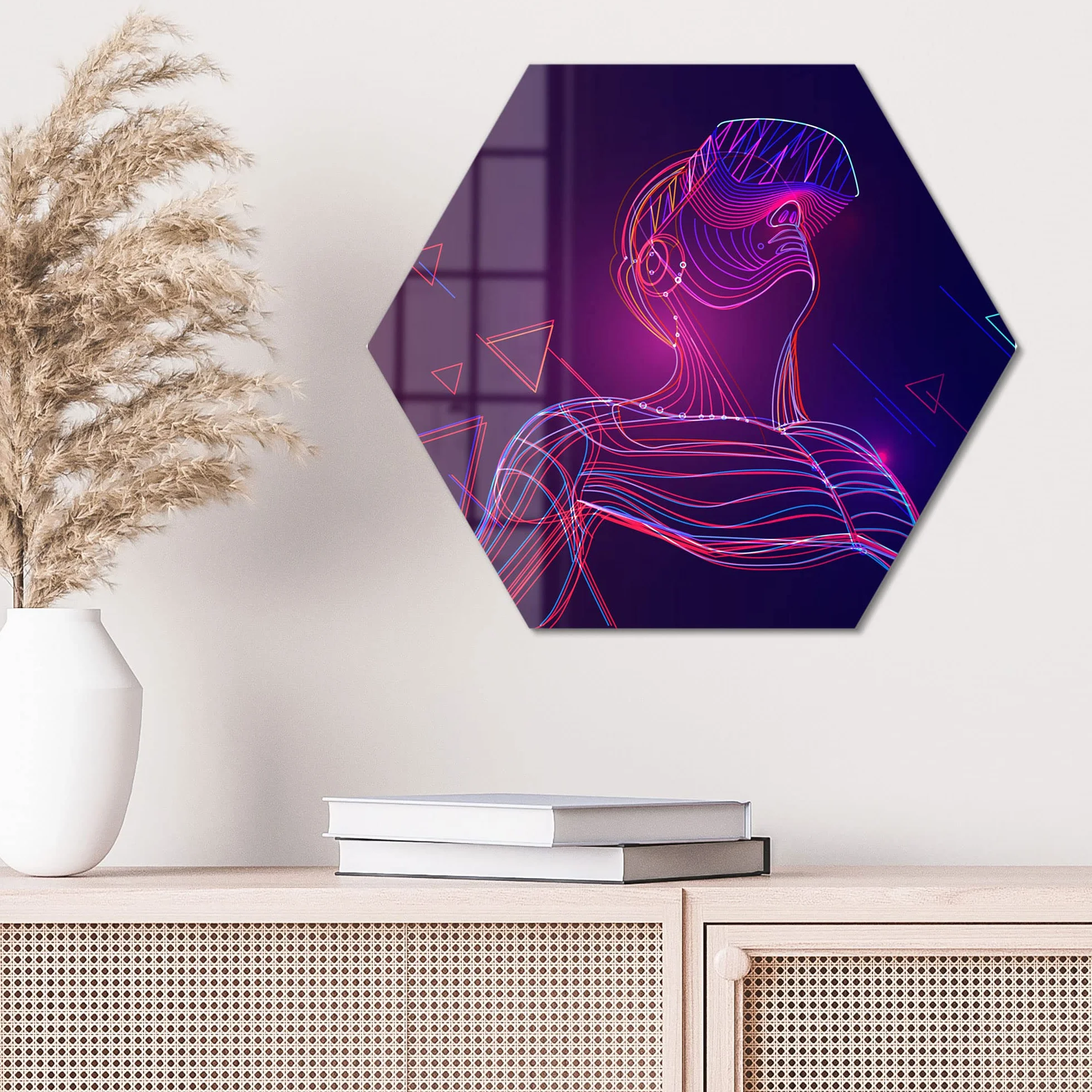 DEQORI Obraz na szkle z prawdziwego szkła | motyw "Człowiek z okularami VR" | sześciokątny, jednoczęściowy 55 x 47,6 cm | piękna dekoracja | obraz ścienny do salonu, sypialni, korytarza i kuchni | nowoczesna dekoracja ścienna